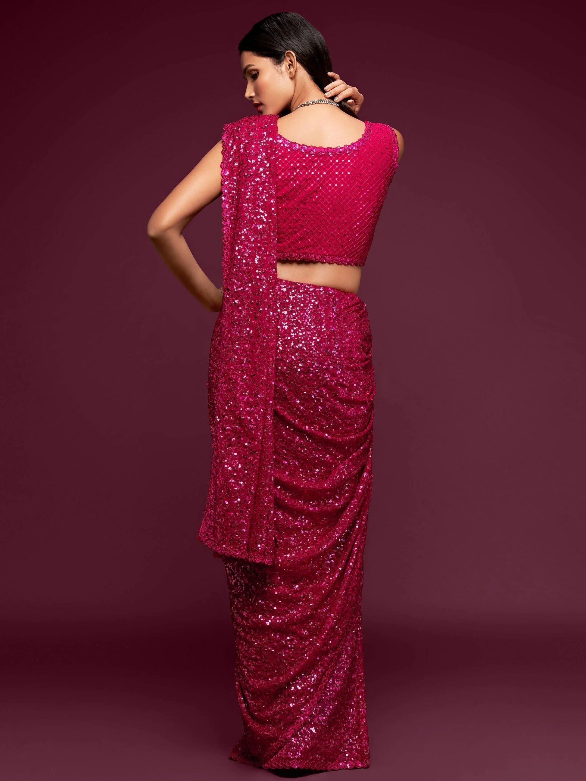 Fabulous Hot Pink Sequined Georgette Party Wear Saree - Zeel Clothing