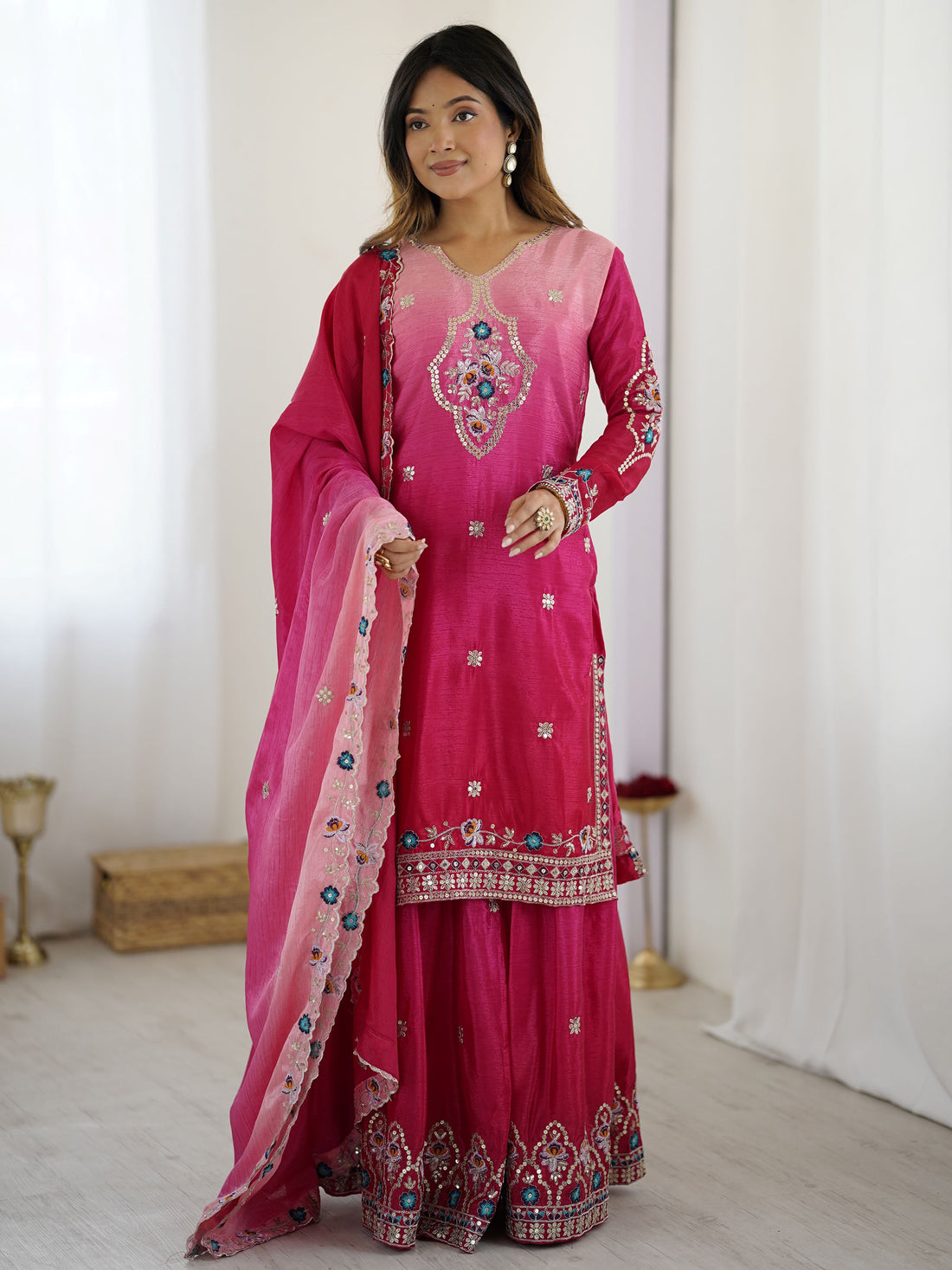 Fabulous Hot Pink Sequins Embroidered Chinon Wedding Wear Sharara Suit - Zeel Clothing