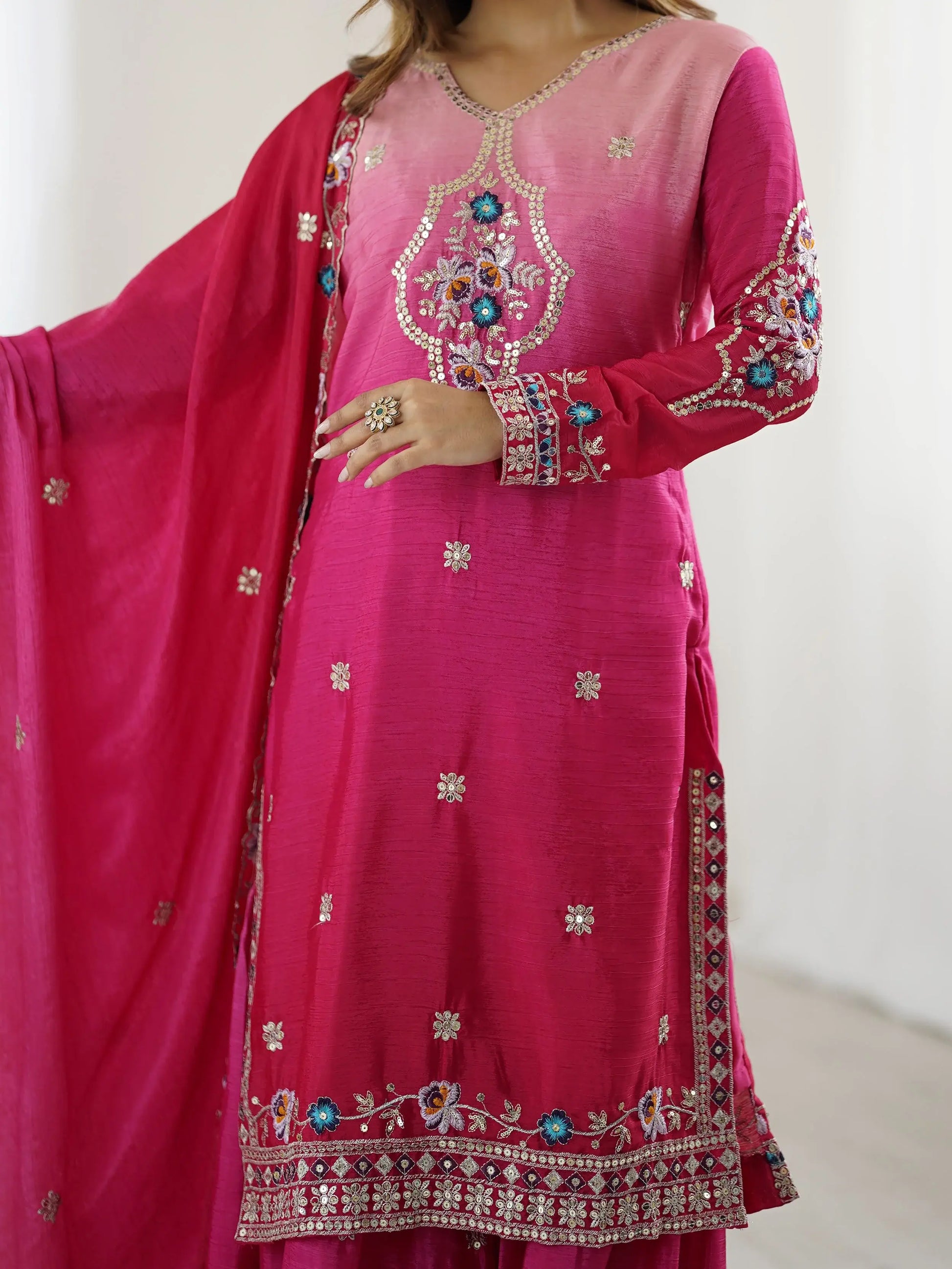 Fabulous Hot Pink Sequins Embroidered Chinon Wedding Wear Sharara Suit - Zeel Clothing