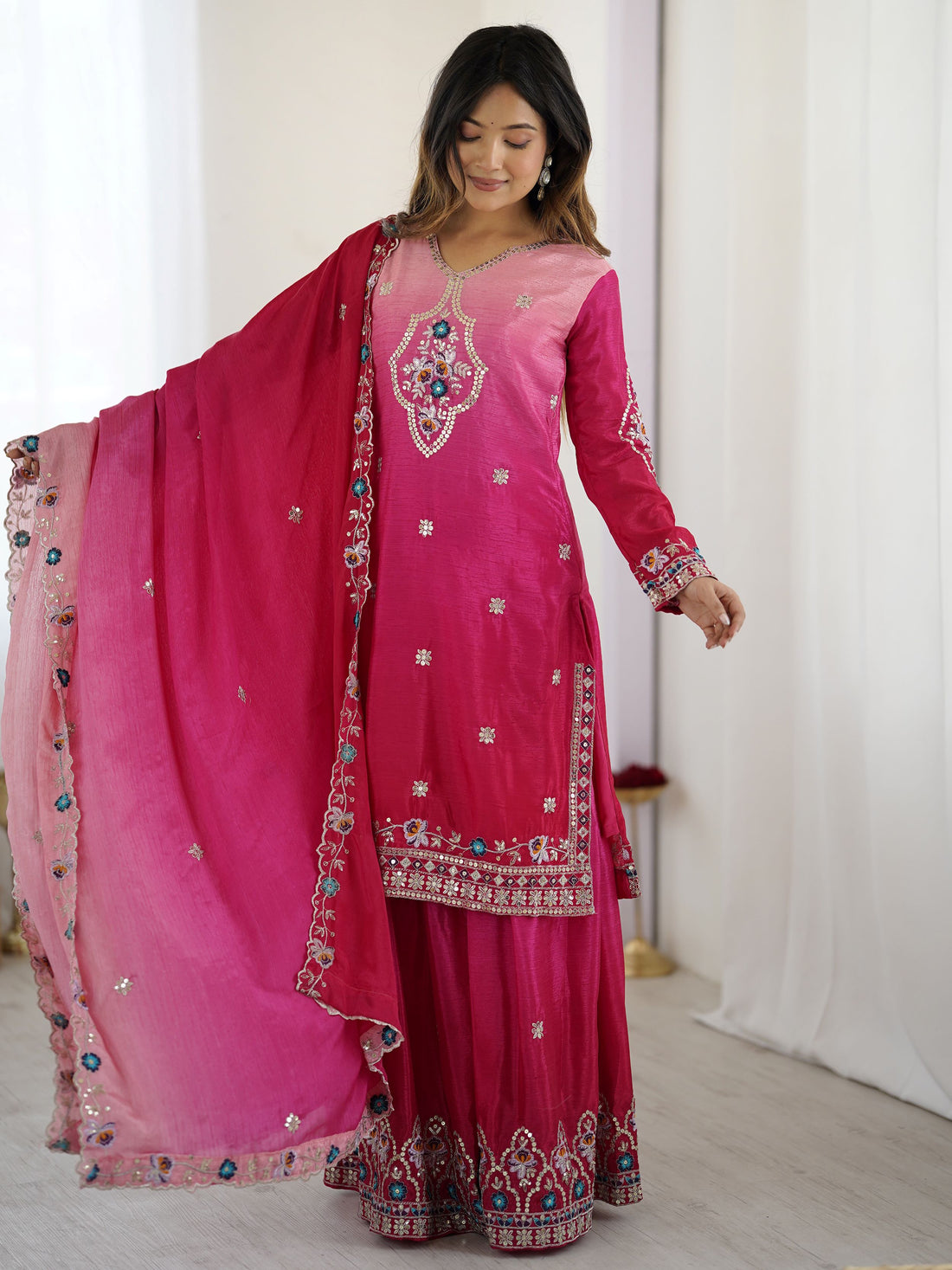 Fabulous Hot Pink Sequins Embroidered Chinon Wedding Wear Sharara Suit - Zeel Clothing