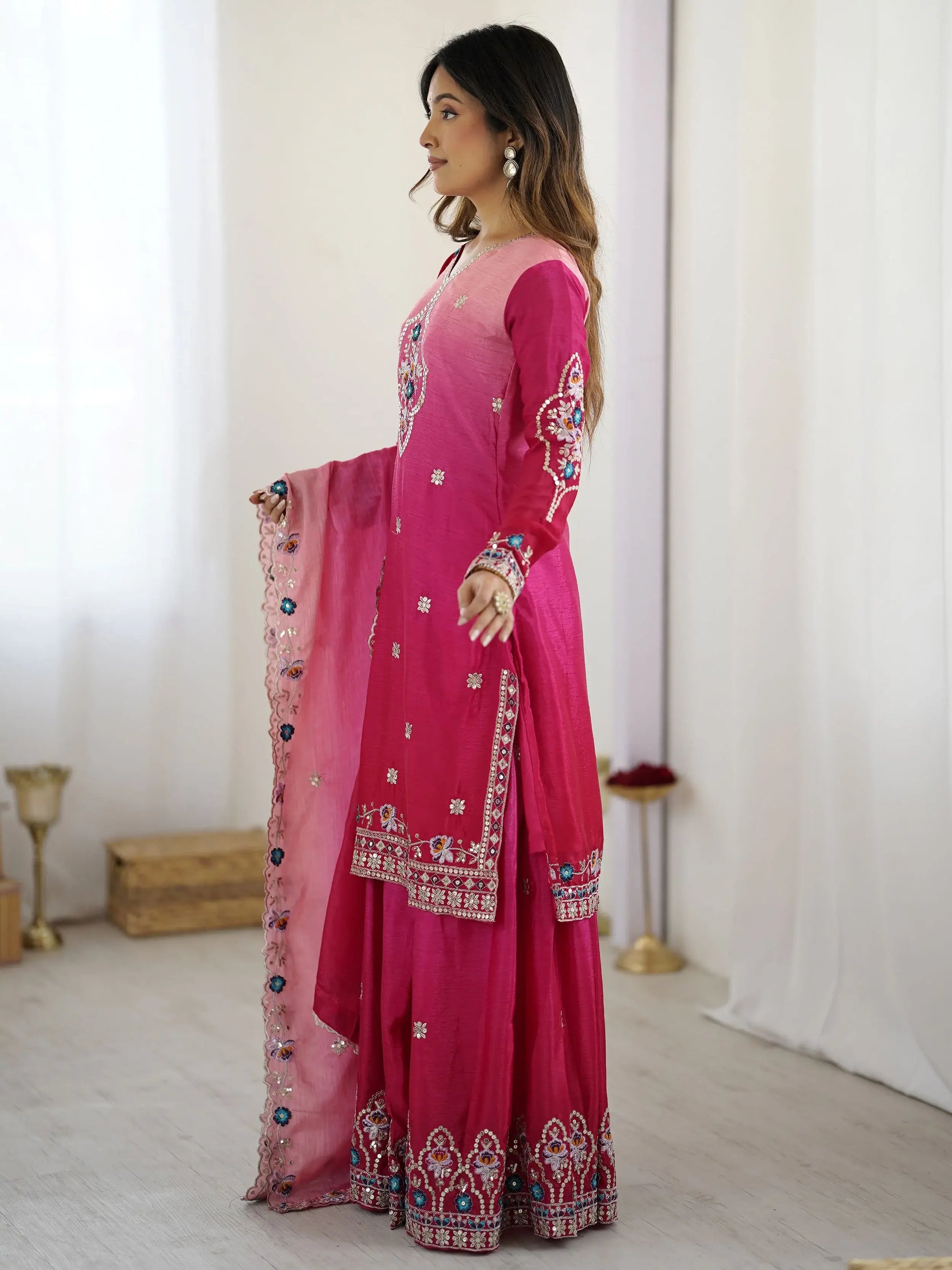 Fabulous Hot Pink Sequins Embroidered Chinon Wedding Wear Sharara Suit - Zeel Clothing