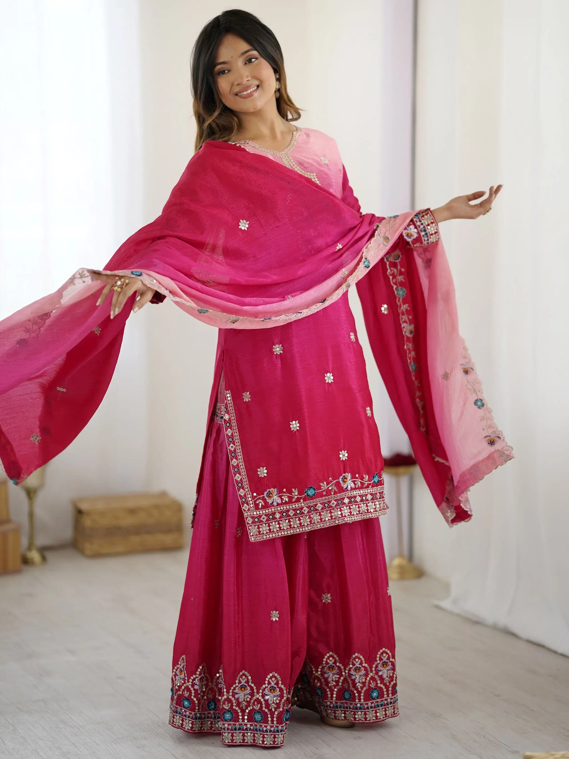 Fabulous Hot Pink Sequins Embroidered Chinon Wedding Wear Sharara Suit - Zeel Clothing
