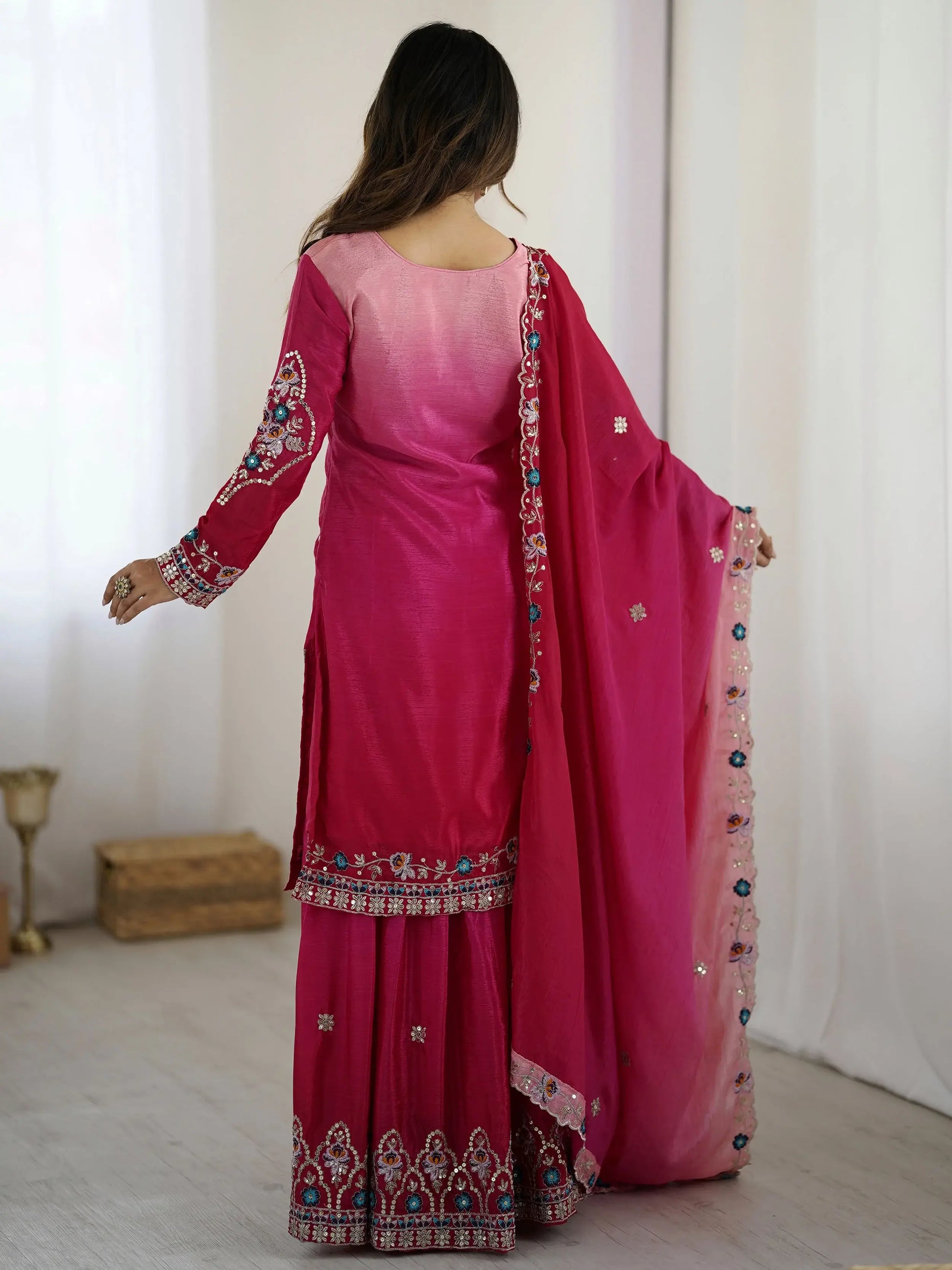 Fabulous Hot Pink Sequins Embroidered Chinon Wedding Wear Sharara Suit - Zeel Clothing