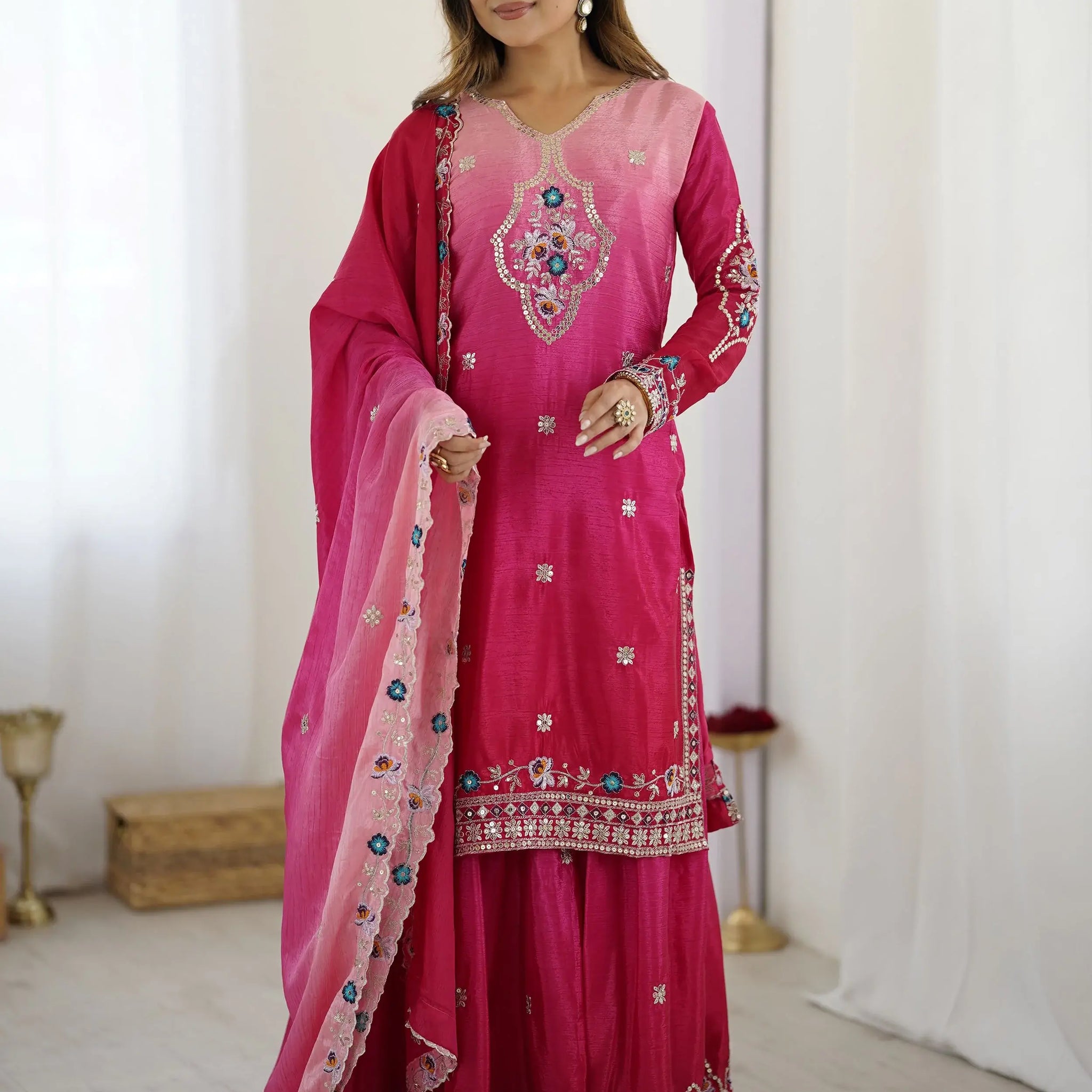 Fabulous Hot Pink Sequins Embroidered Chinon Wedding Wear Sharara Suit - Zeel Clothing