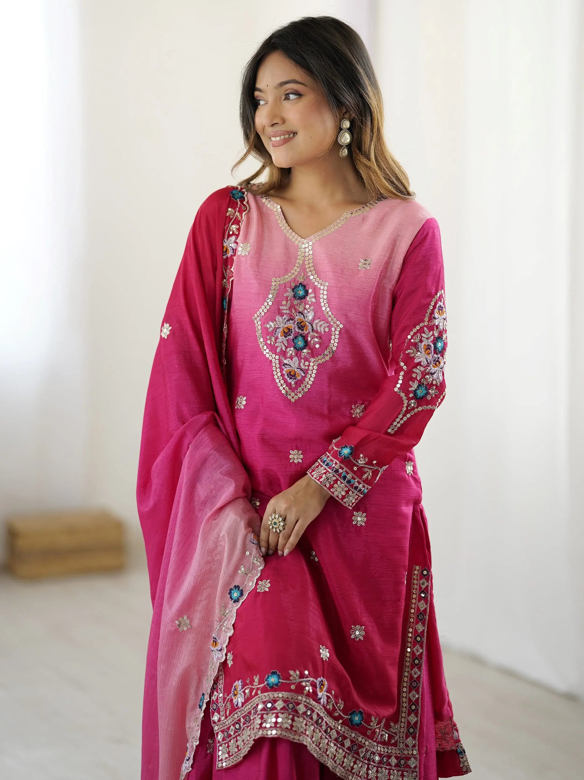 Fabulous Hot Pink Sequins Embroidered Chinon Wedding Wear Sharara Suit - Zeel Clothing