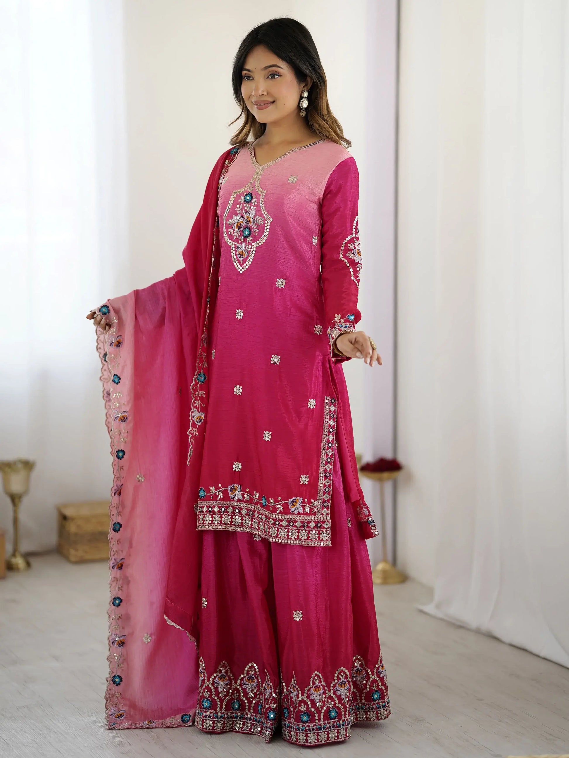 Fabulous Hot Pink Sequins Embroidered Chinon Wedding Wear Sharara Suit - Zeel Clothing