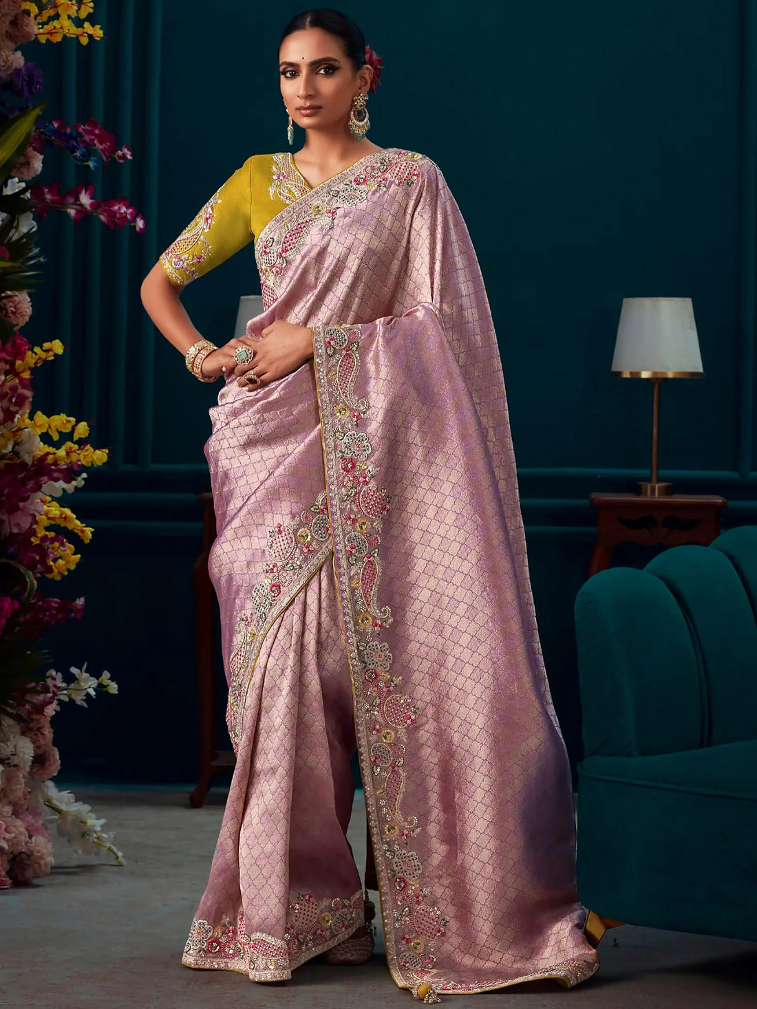 Fabulous Lavender Embroidered Kanjivaram Silk Party Wear Saree - Zeel Clothing