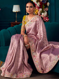 Fabulous Lavender Embroidered Kanjivaram Silk Party Wear Saree - Zeel Clothing