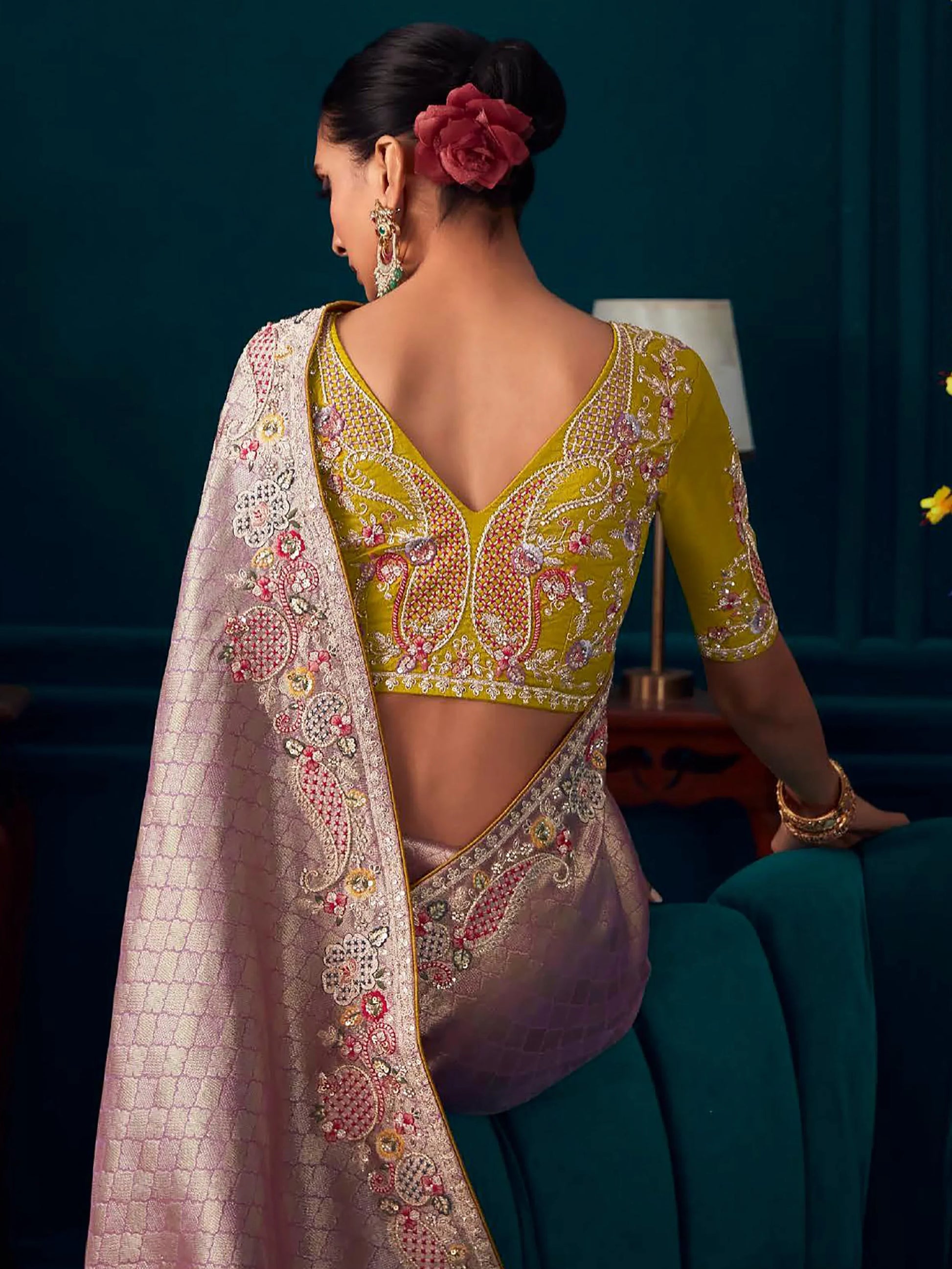 Fabulous Lavender Embroidered Kanjivaram Silk Party Wear Saree - Zeel Clothing