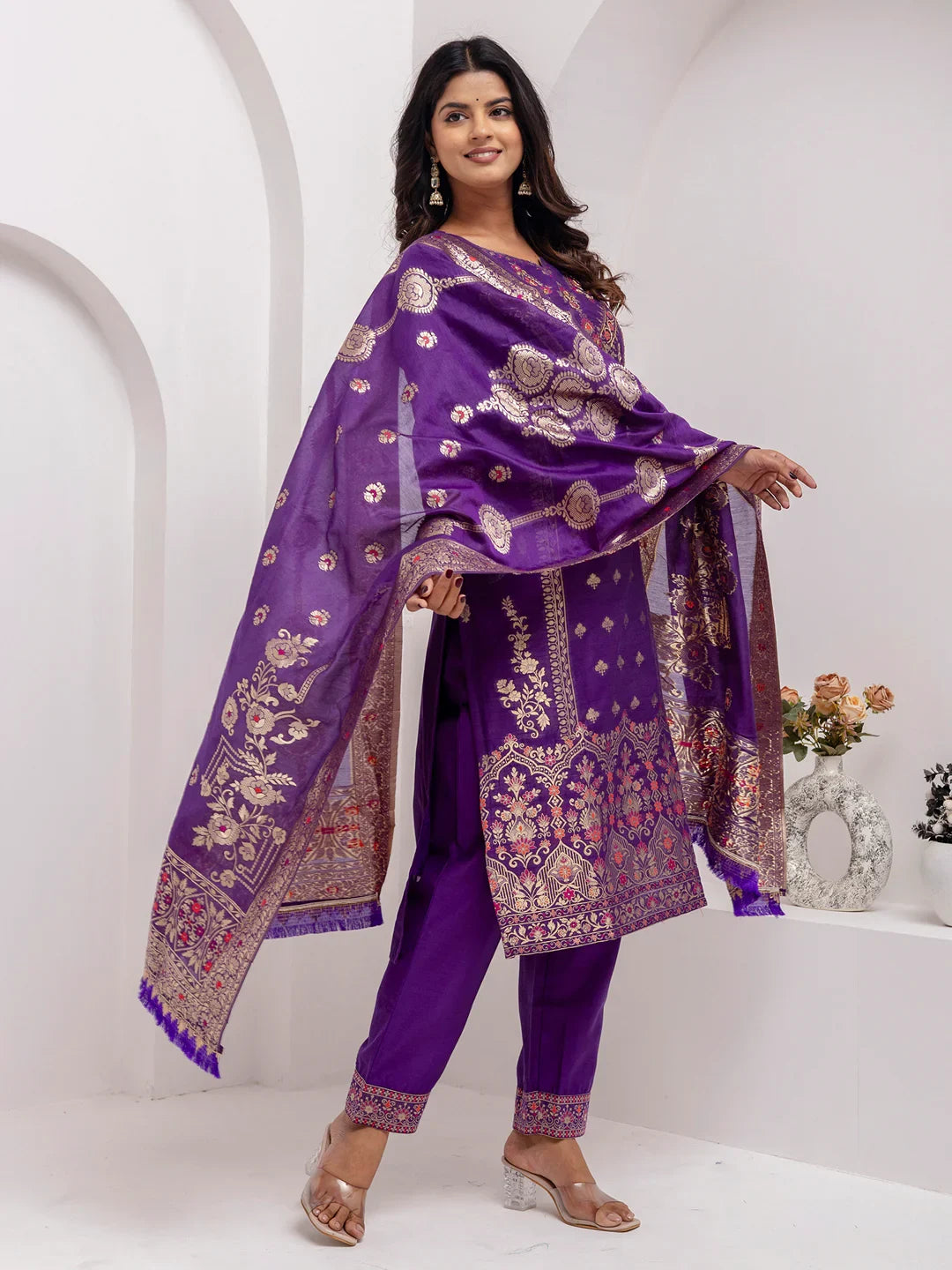Fabulous Lavender Hand Work Jacquard Silk Pant Suit With Dupatta - Zeel Clothing