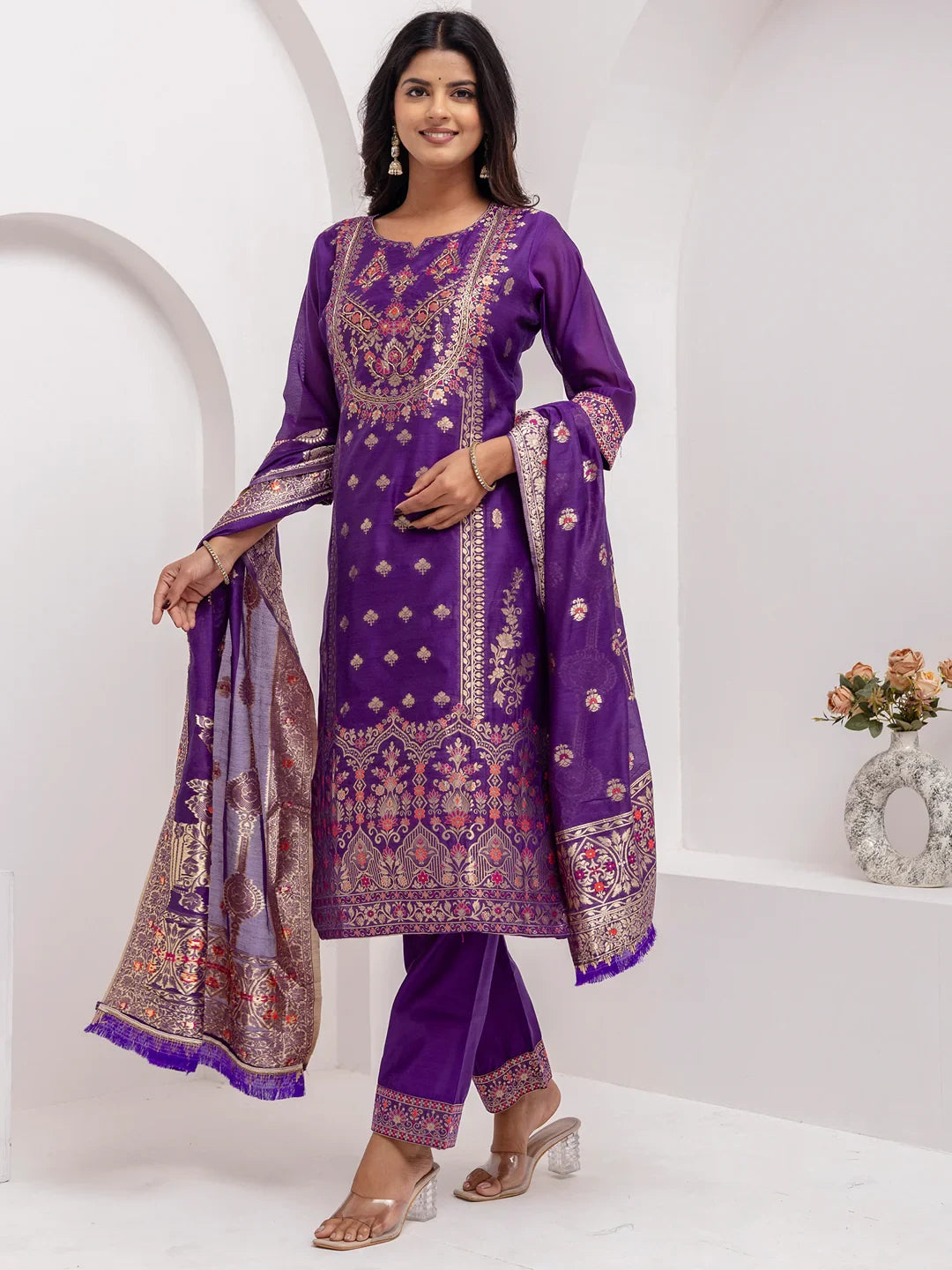Fabulous Lavender Hand Work Jacquard Silk Pant Suit With Dupatta - Zeel Clothing