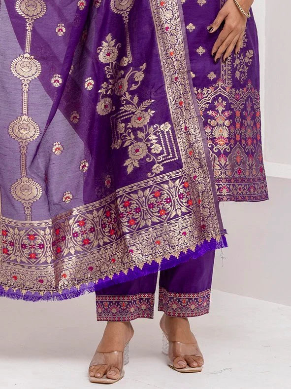 Fabulous Lavender Hand Work Jacquard Silk Pant Suit With Dupatta - Zeel Clothing