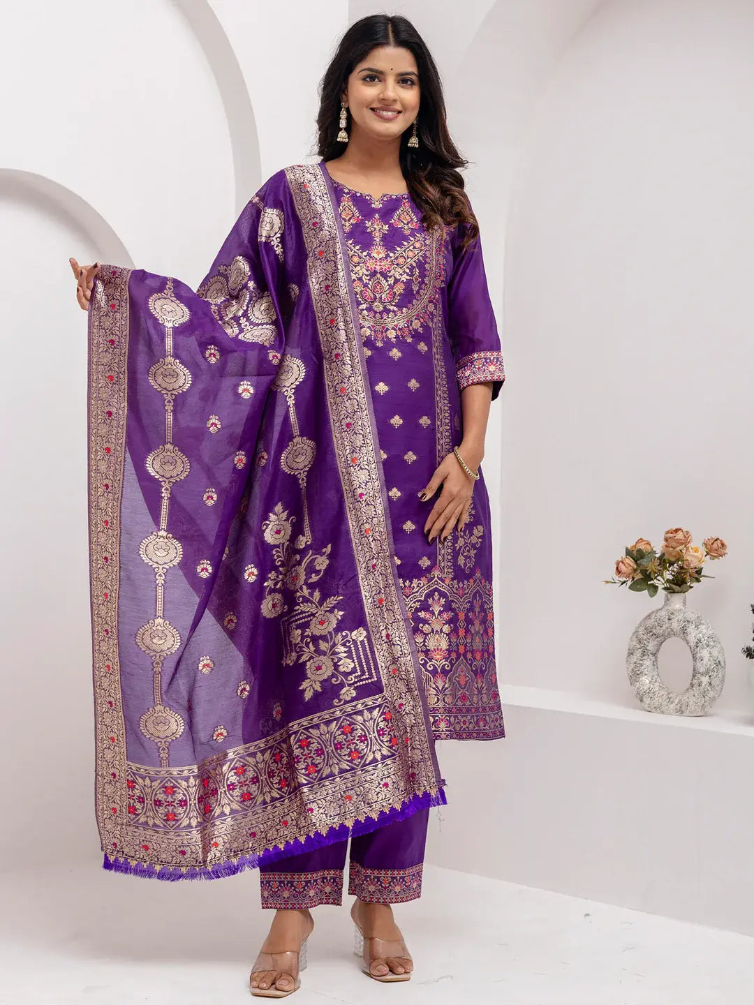 Fabulous Lavender Hand Work Jacquard Silk Pant Suit With Dupatta - Zeel Clothing