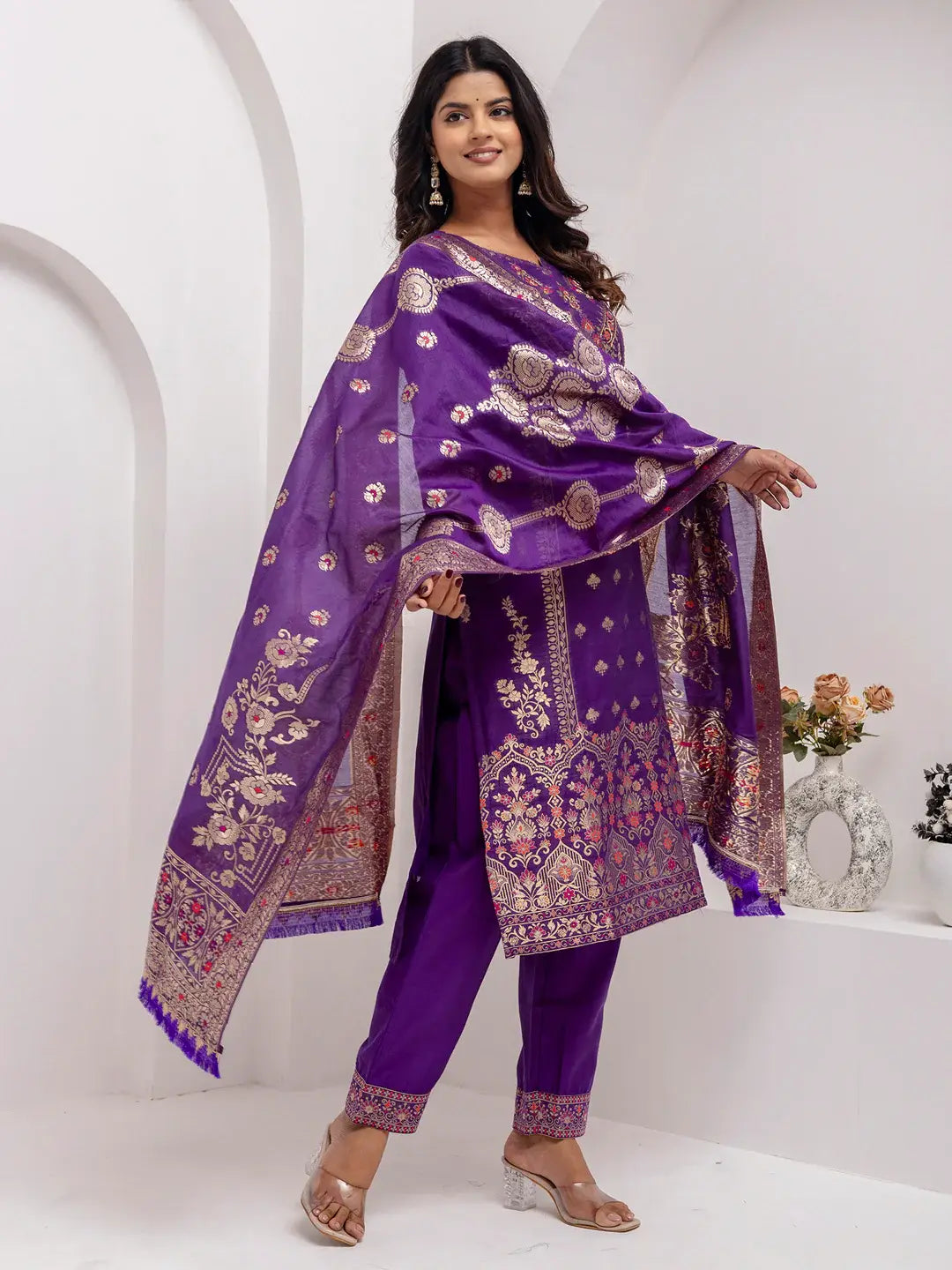 Fabulous Lavender Hand Work Jacquard Silk Pant Suit With Dupatta - Zeel Clothing