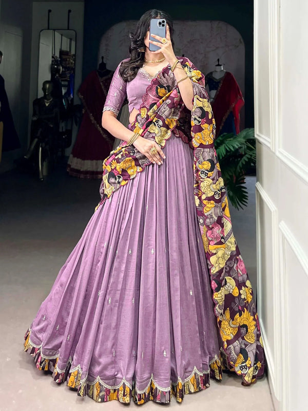 Fabulous Lavender Silk Event Wear Lehenga Choli With Kalamkari Print Dupatta