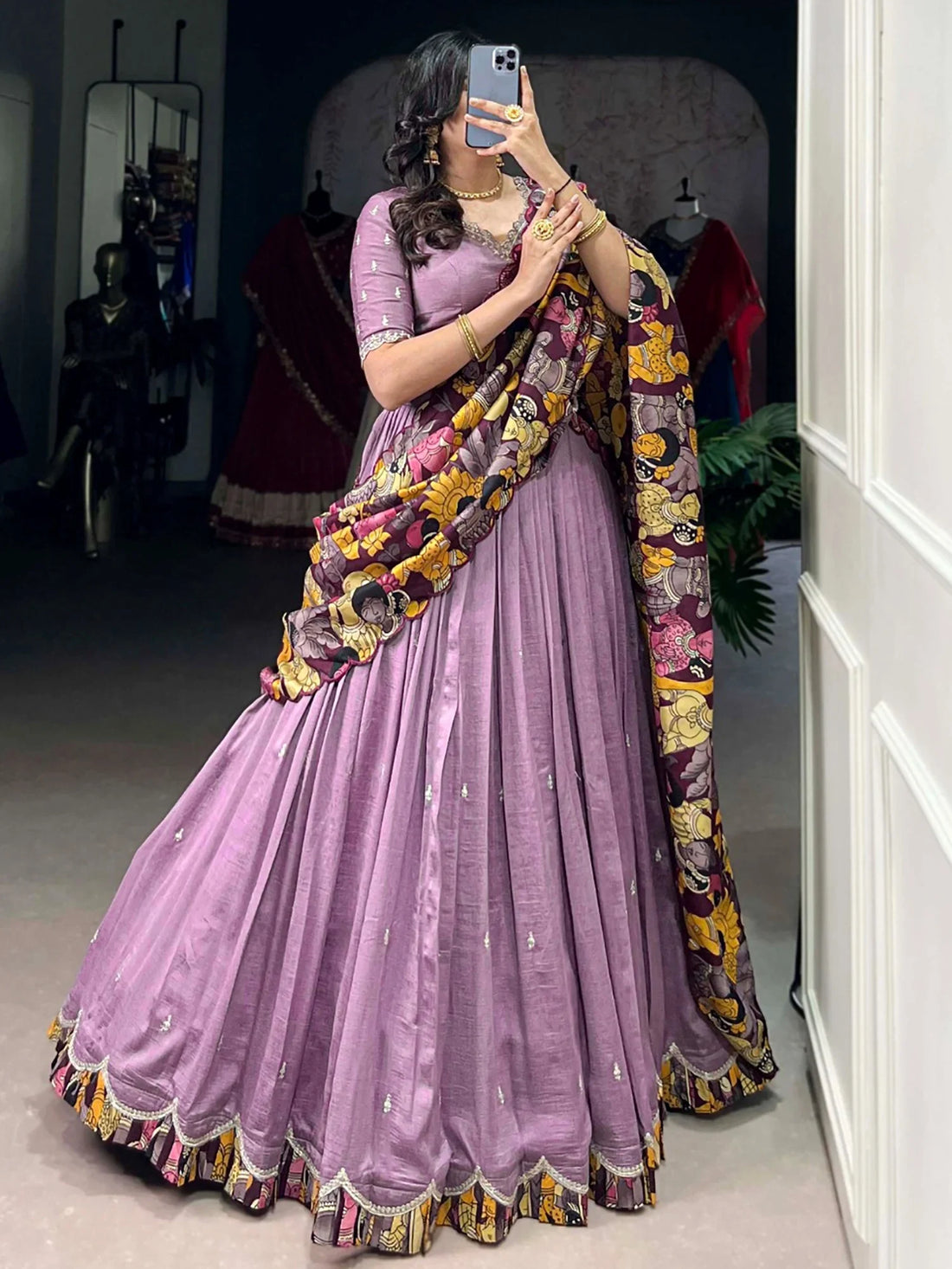 Fabulous Lavender Silk Event Wear Lehenga Choli With Kalamkari Print Dupatta
