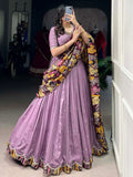Fabulous Lavender Silk Event Wear Lehenga Choli With Kalamkari Print Dupatta