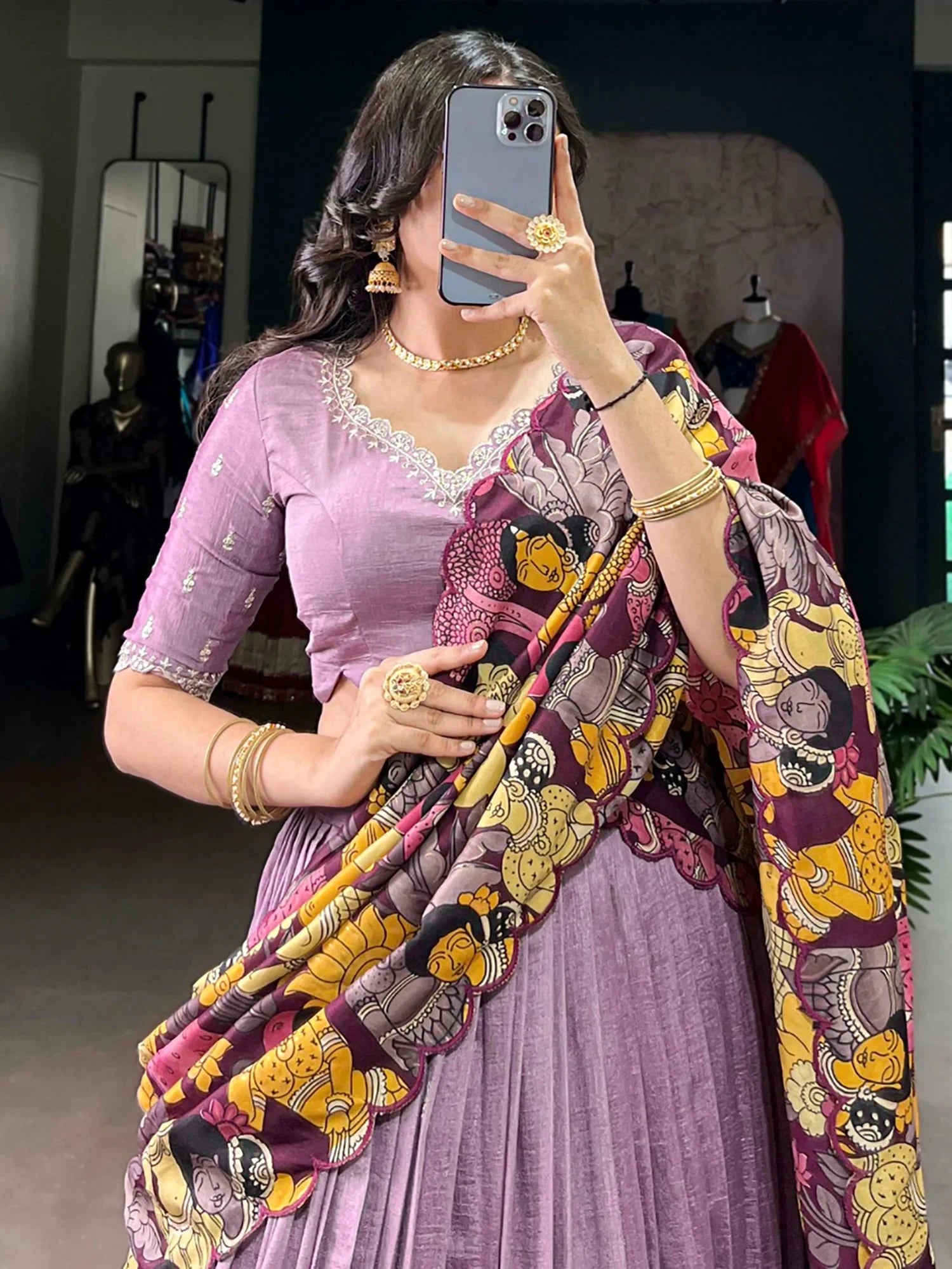 Fabulous Lavender Silk Event Wear Lehenga Choli With Kalamkari Print Dupatta