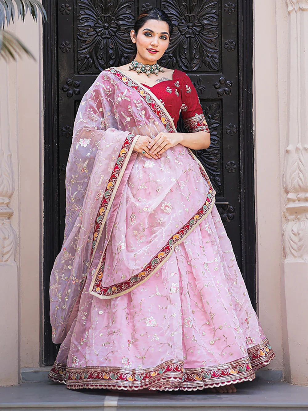 Fabulous Light Pink Thread Embroidery Organza Lehenga With Red Choli - Zeel Clothing