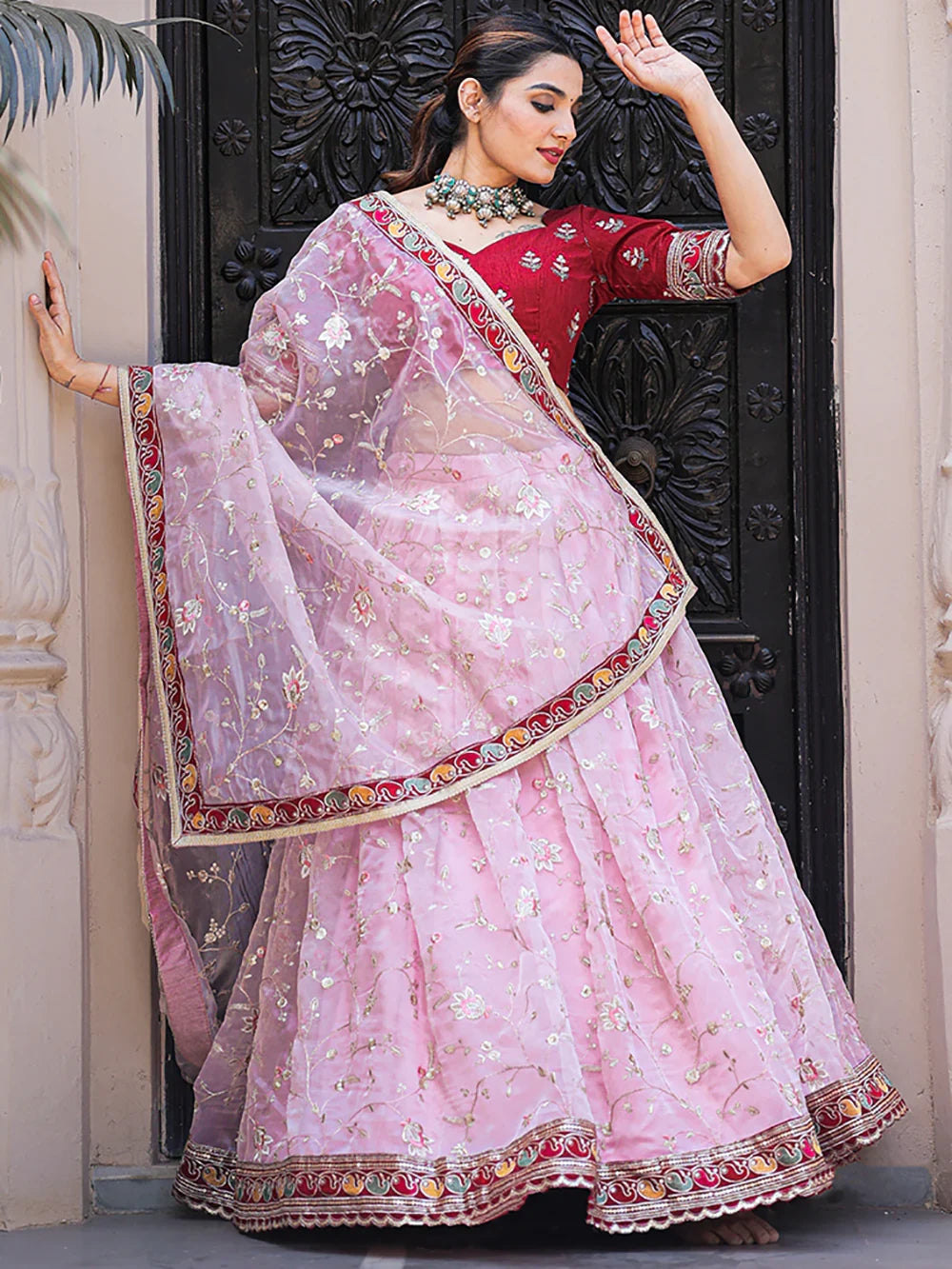 Fabulous Light Pink Thread Embroidery Organza Lehenga With Red Choli - Zeel Clothing