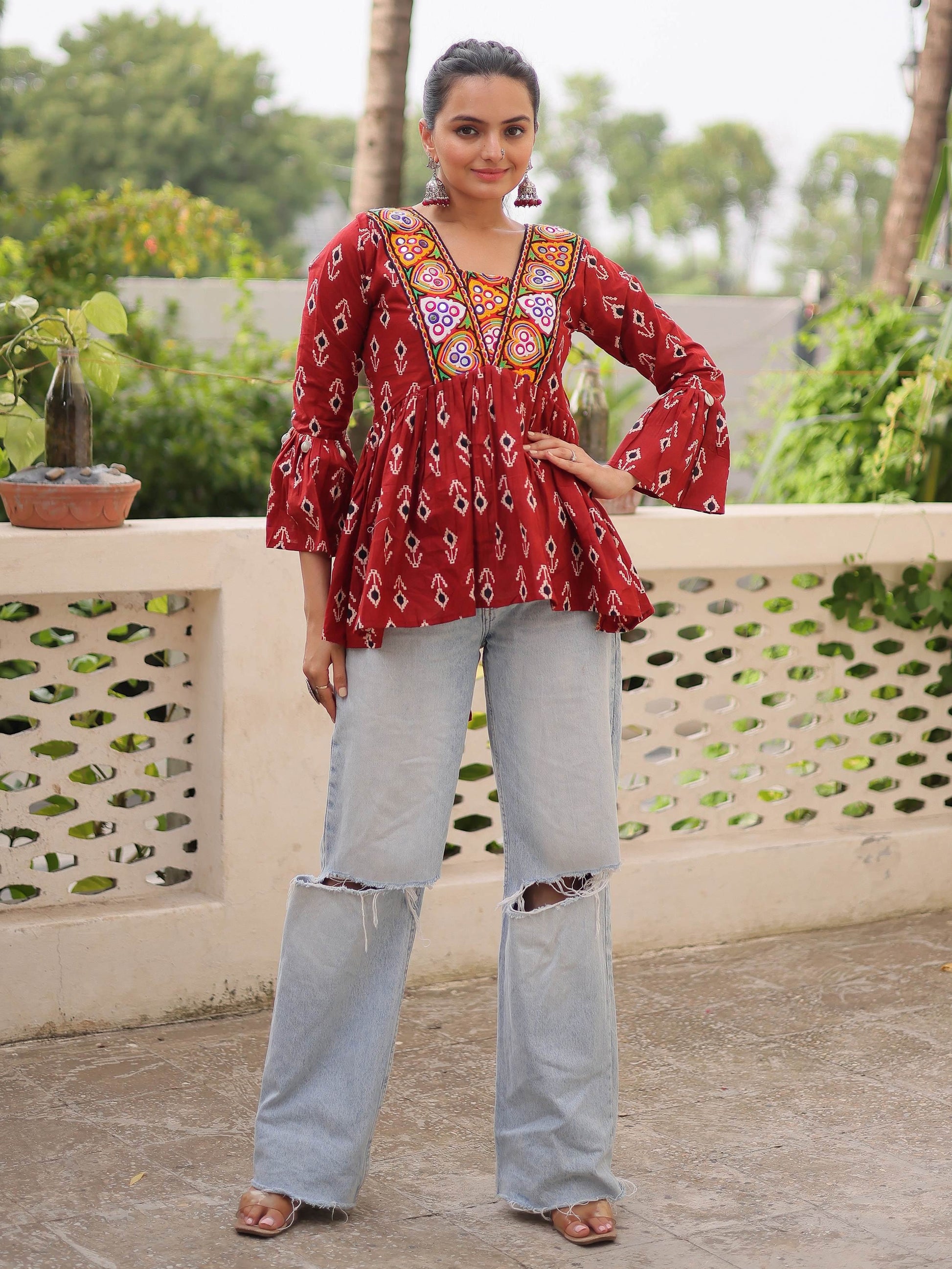 Fabulous Maroon Patch Work Cotton Navratri Special Peplum Top - Zeel Clothing