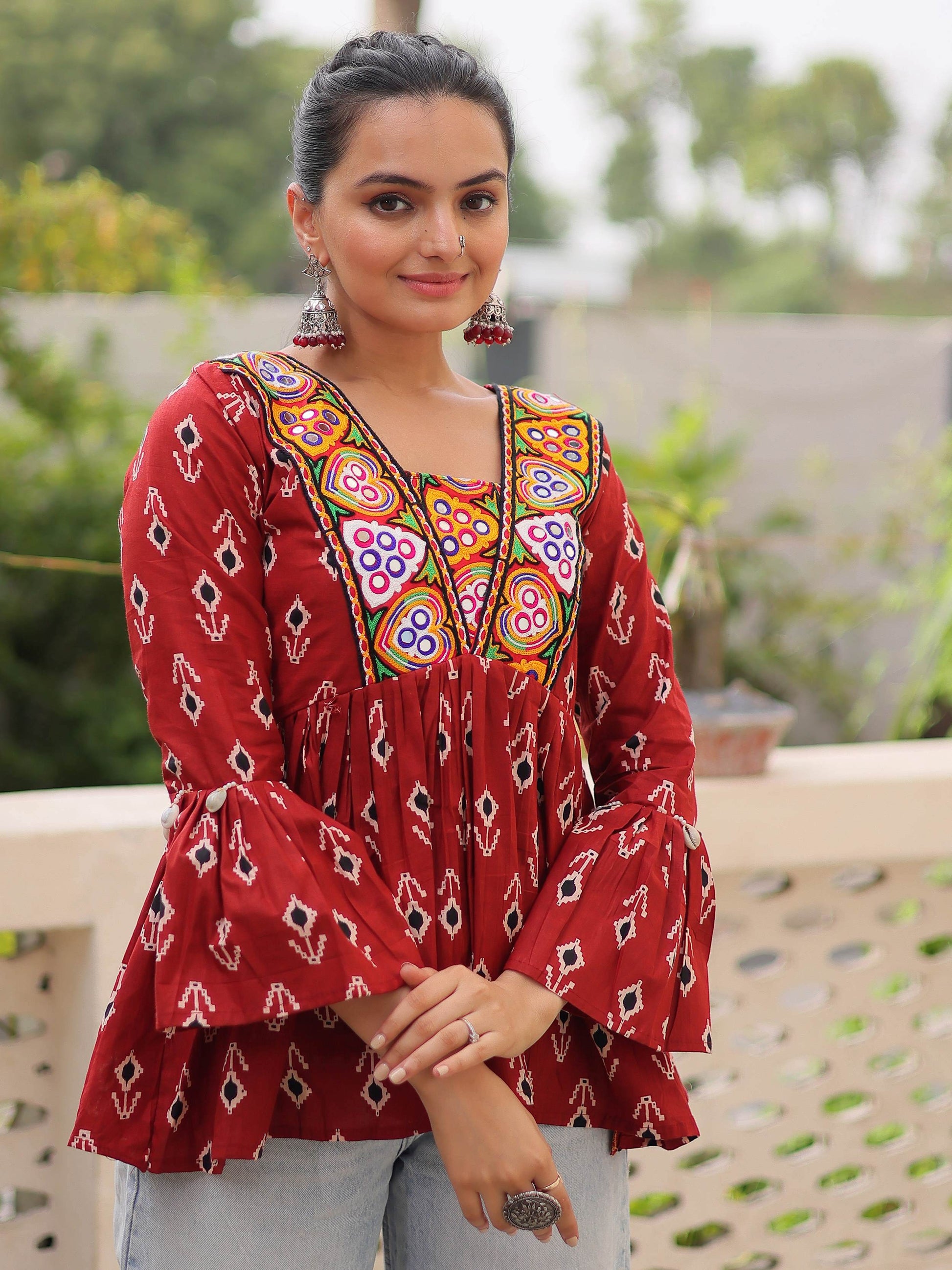 Fabulous Maroon Patch Work Cotton Navratri Special Peplum Top - Zeel Clothing