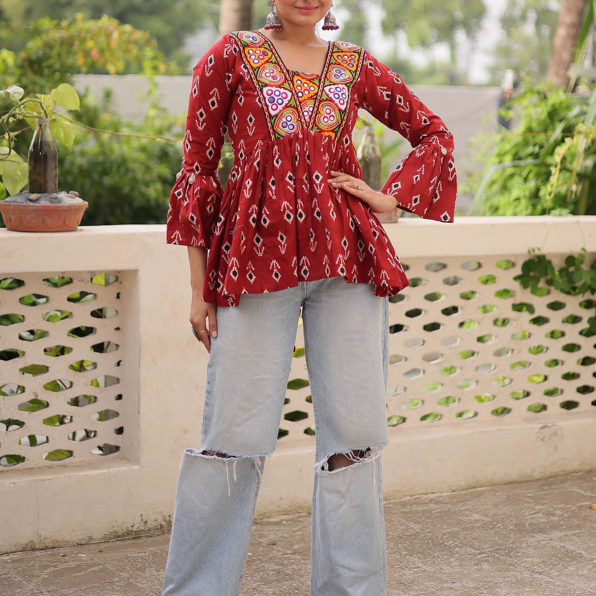 Fabulous Maroon Patch Work Cotton Navratri Special Peplum Top - Zeel Clothing