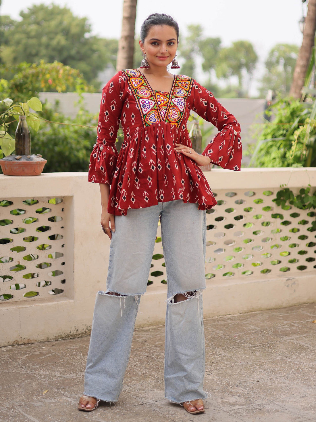 Fabulous Maroon Patch Work Cotton Navratri Special Peplum Top - Zeel Clothing