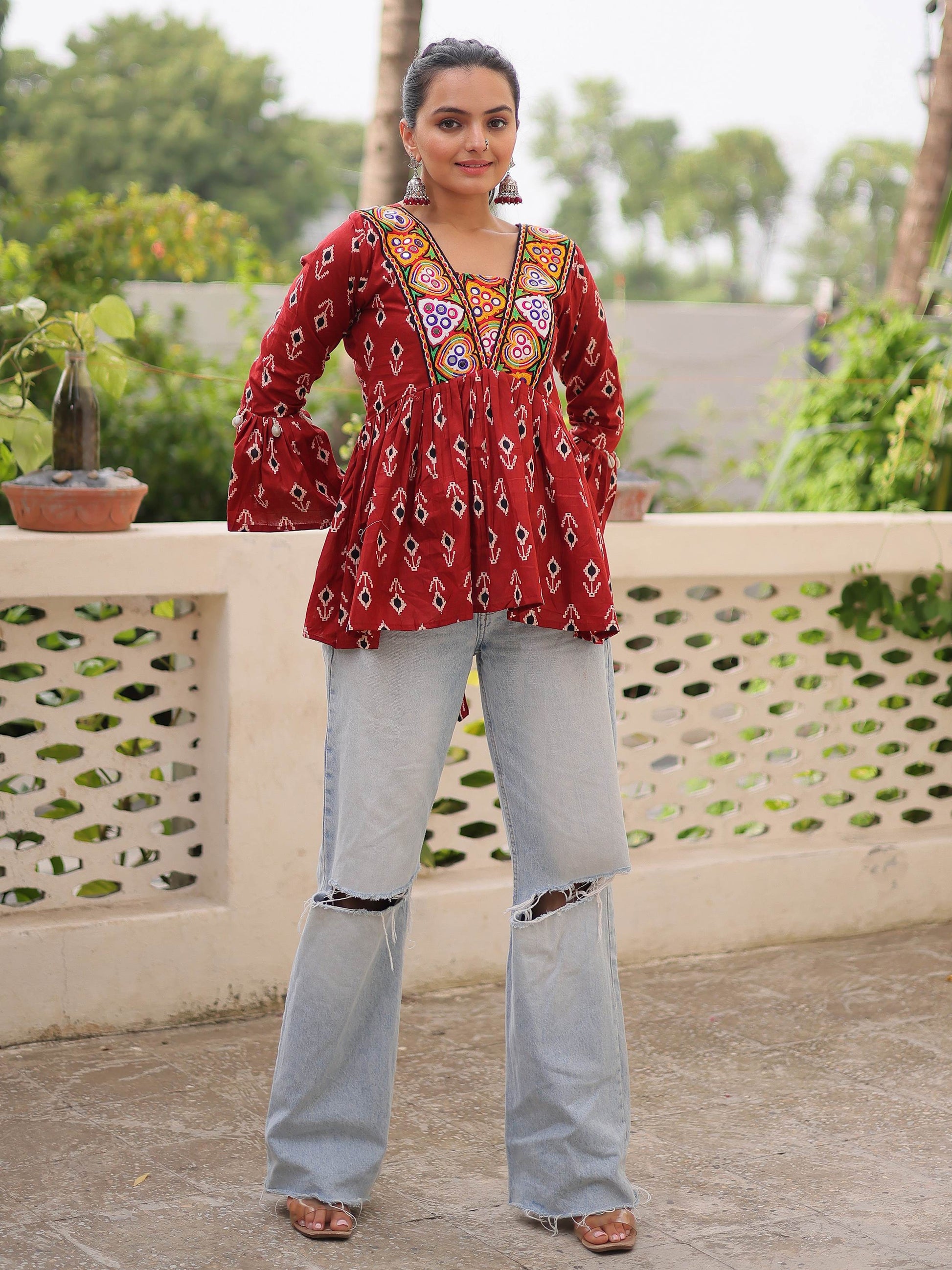 Fabulous Maroon Patch Work Cotton Navratri Special Peplum Top - Zeel Clothing