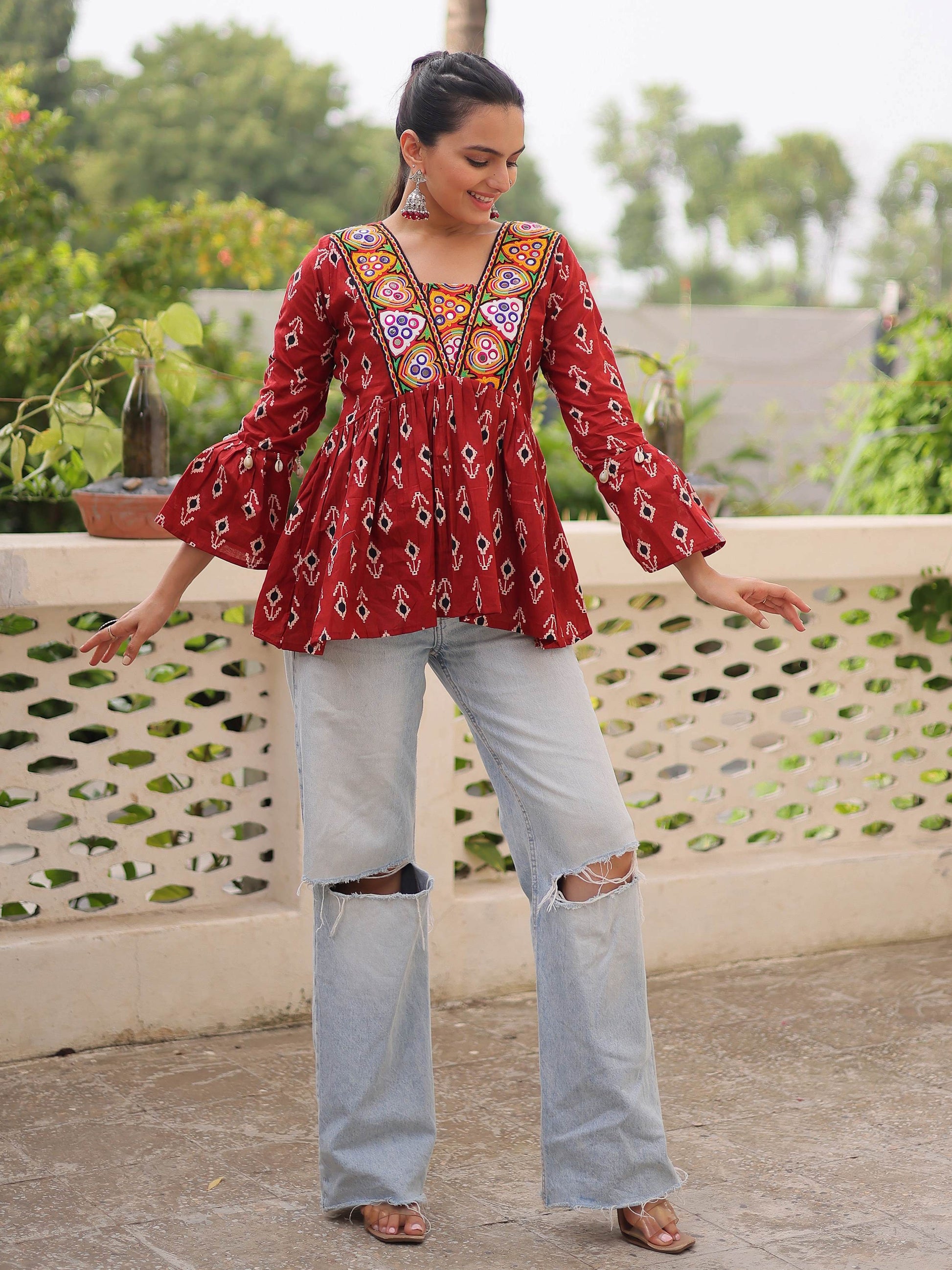 Fabulous Maroon Patch Work Cotton Navratri Special Peplum Top - Zeel Clothing