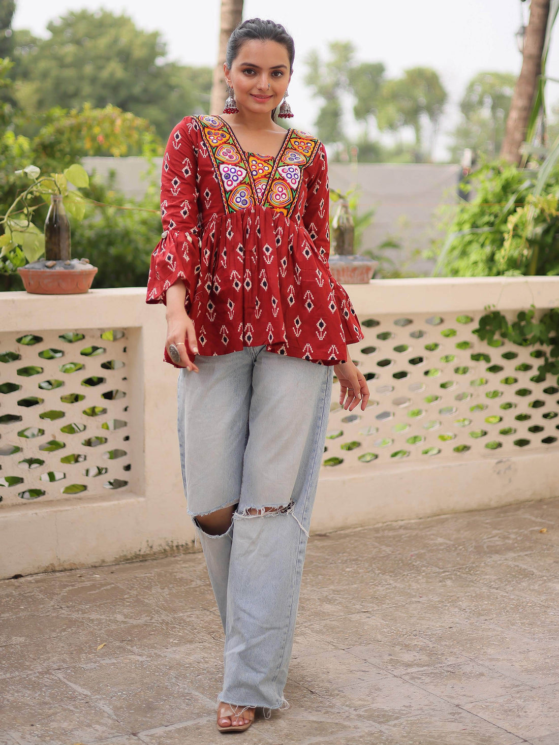 Fabulous Maroon Patch Work Cotton Navratri Special Peplum Top - Zeel Clothing
