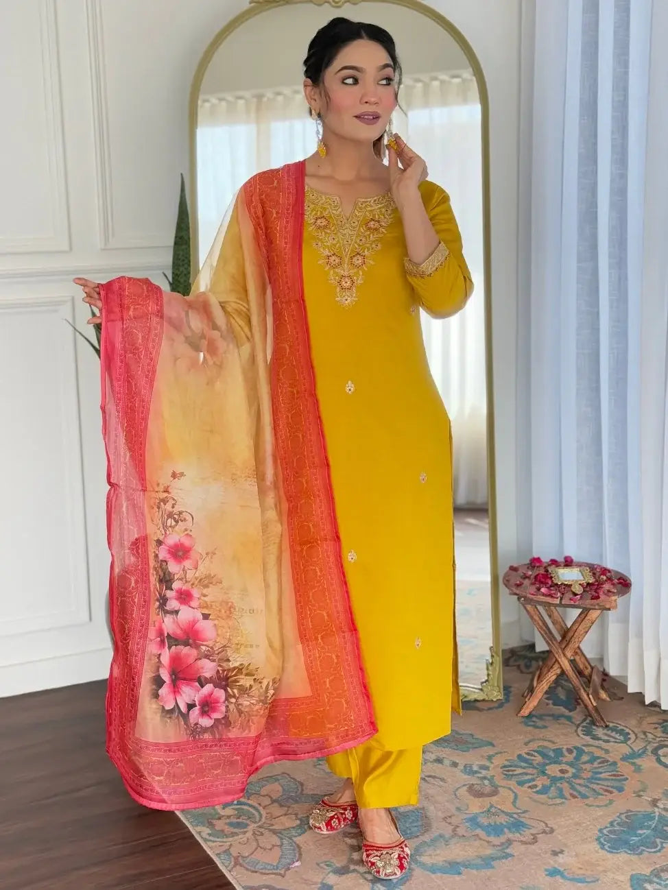 Fabulous Mustard Yellow Embroidered Rayon Haldi Wear Pant Suit With Dupatta - Zeel Clothing