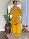 Fabulous Mustard Yellow Embroidered Rayon Haldi Wear Pant Suit With Dupatta - Zeel Clothing