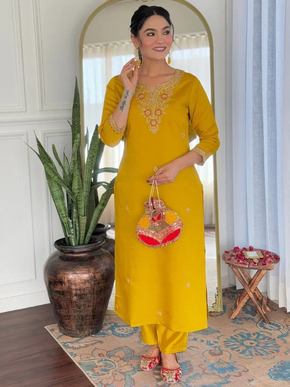 Fabulous Mustard Yellow Embroidered Rayon Haldi Wear Pant Suit With Dupatta - Zeel Clothing