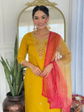 Fabulous Mustard Yellow Embroidered Rayon Haldi Wear Pant Suit With Dupatta - Zeel Clothing