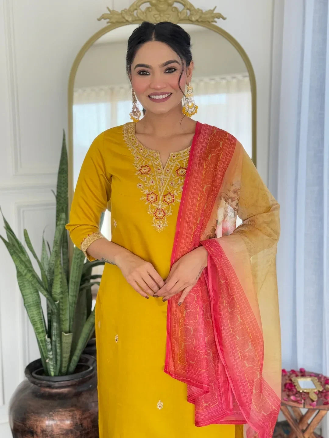 Fabulous Mustard Yellow Embroidered Rayon Haldi Wear Pant Suit With Dupatta - Zeel Clothing
