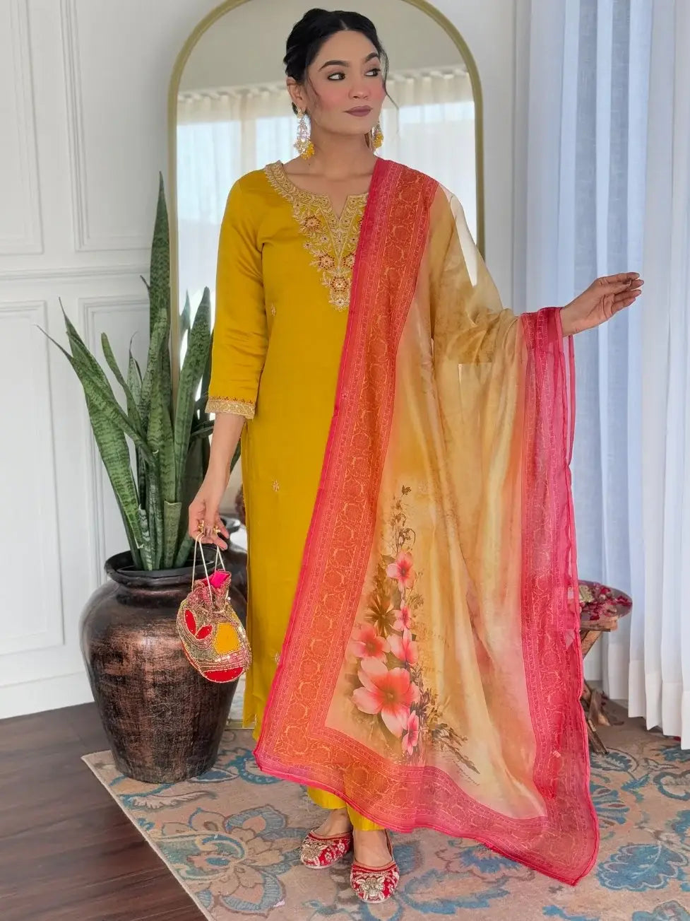 Fabulous Mustard Yellow Embroidered Rayon Haldi Wear Pant Suit With Dupatta - Zeel Clothing