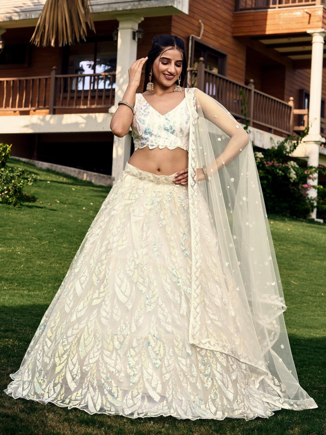 Fabulous Off-White Sequins Net Traditional Lehenga Choli With Dupatta