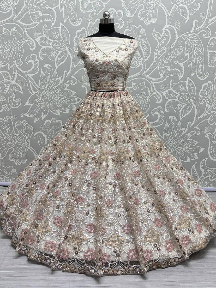 Fabulous Off-White Sequins Net Wedding Wear Lehenga Choli With Dupatta
