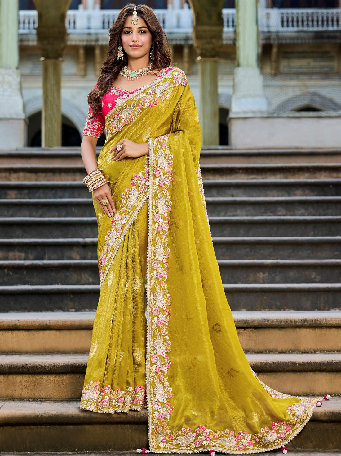 Fabulous Olive Green Beads Work Tissue Engagement Wear Saree