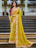 Fabulous Olive Green Beads Work Tissue Engagement Wear Saree