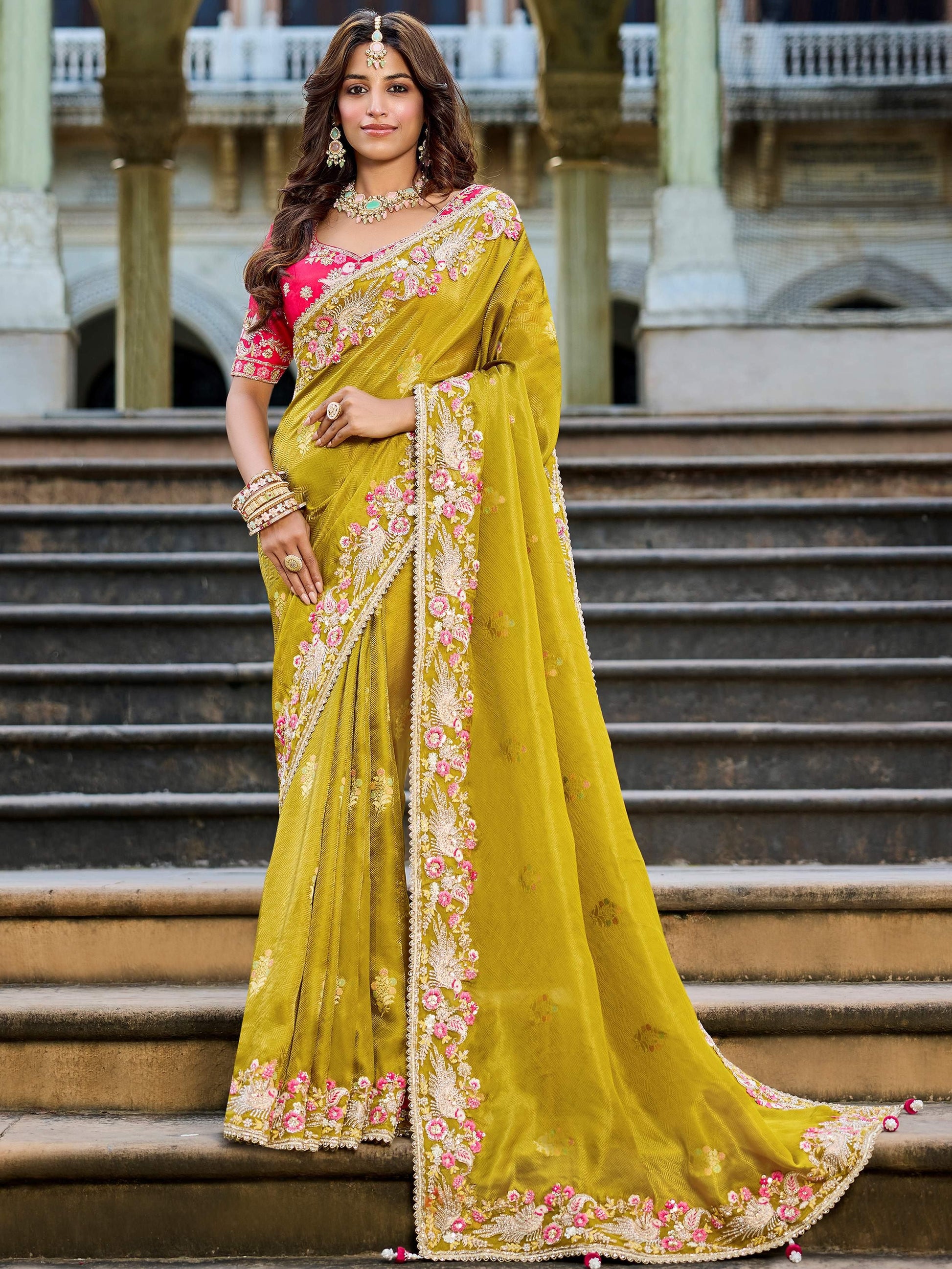 Fabulous Olive Green Beads Work Tissue Engagement Wear Saree
