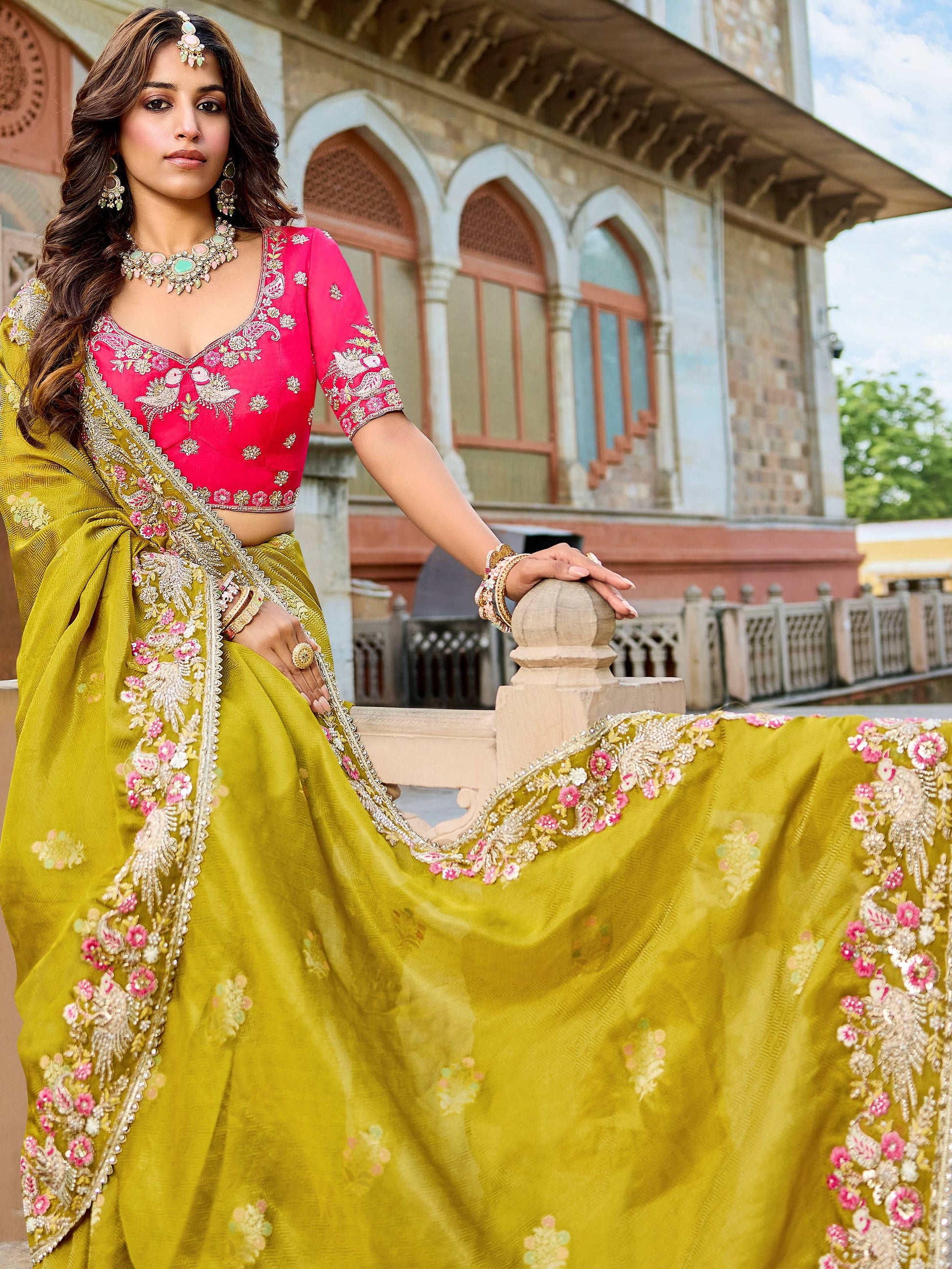 Fabulous Olive Green Beads Work Tissue Engagement Wear Saree