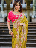 Fabulous Olive Green Beads Work Tissue Engagement Wear Saree