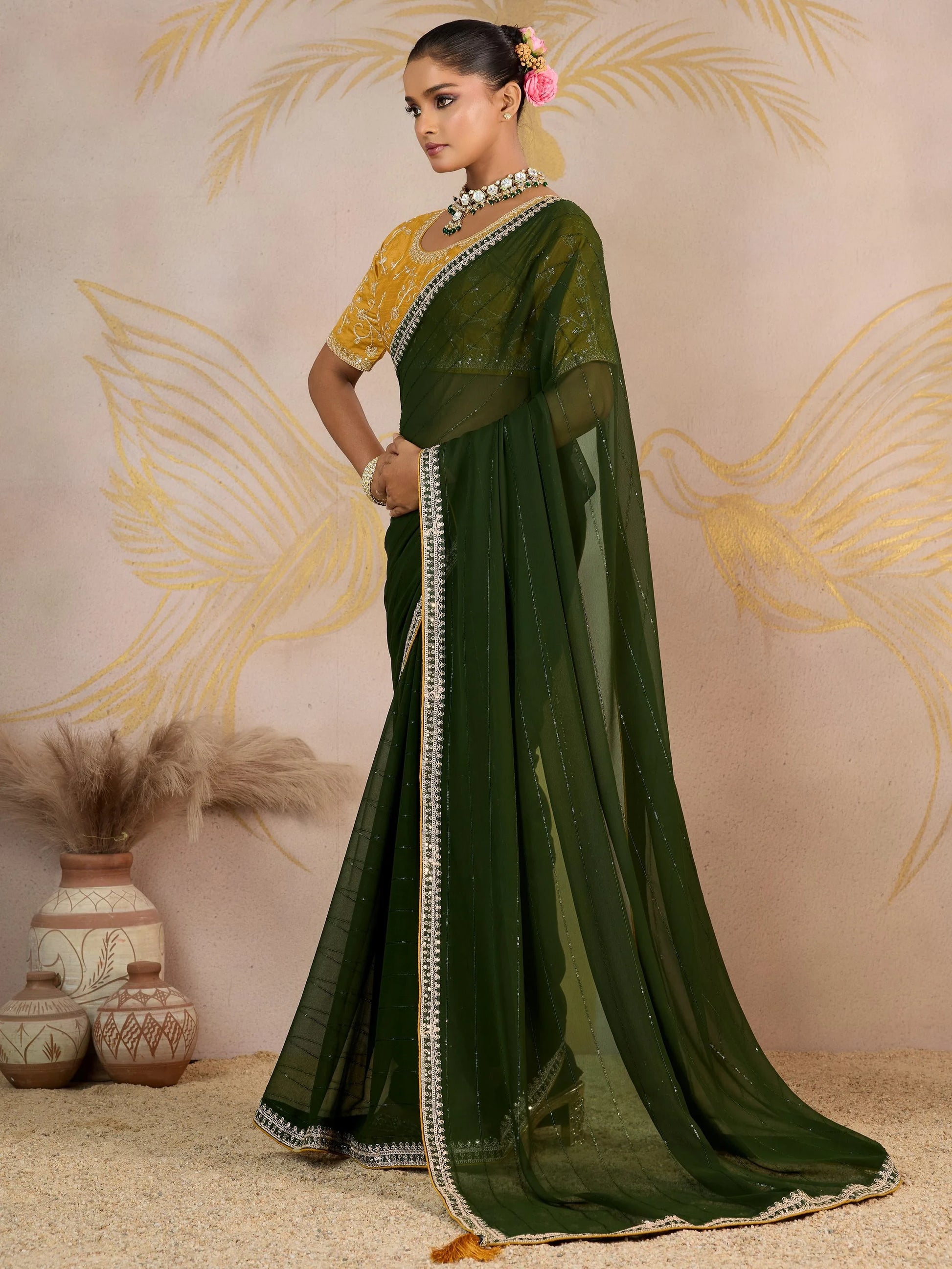 Fabulous Olive Green Border Work Georgette Mehendi Wear Saree With Blouse