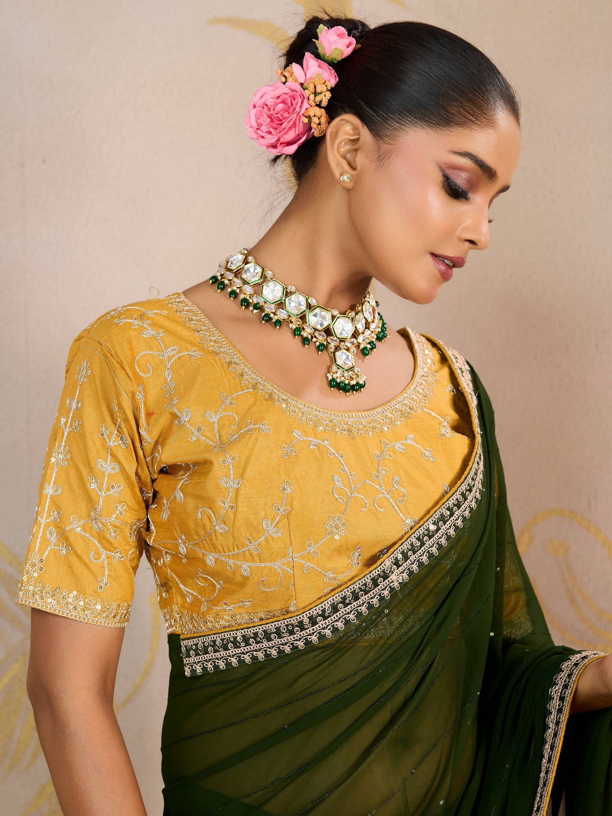Fabulous Olive Green Border Work Georgette Mehendi Wear Saree With Blouse
