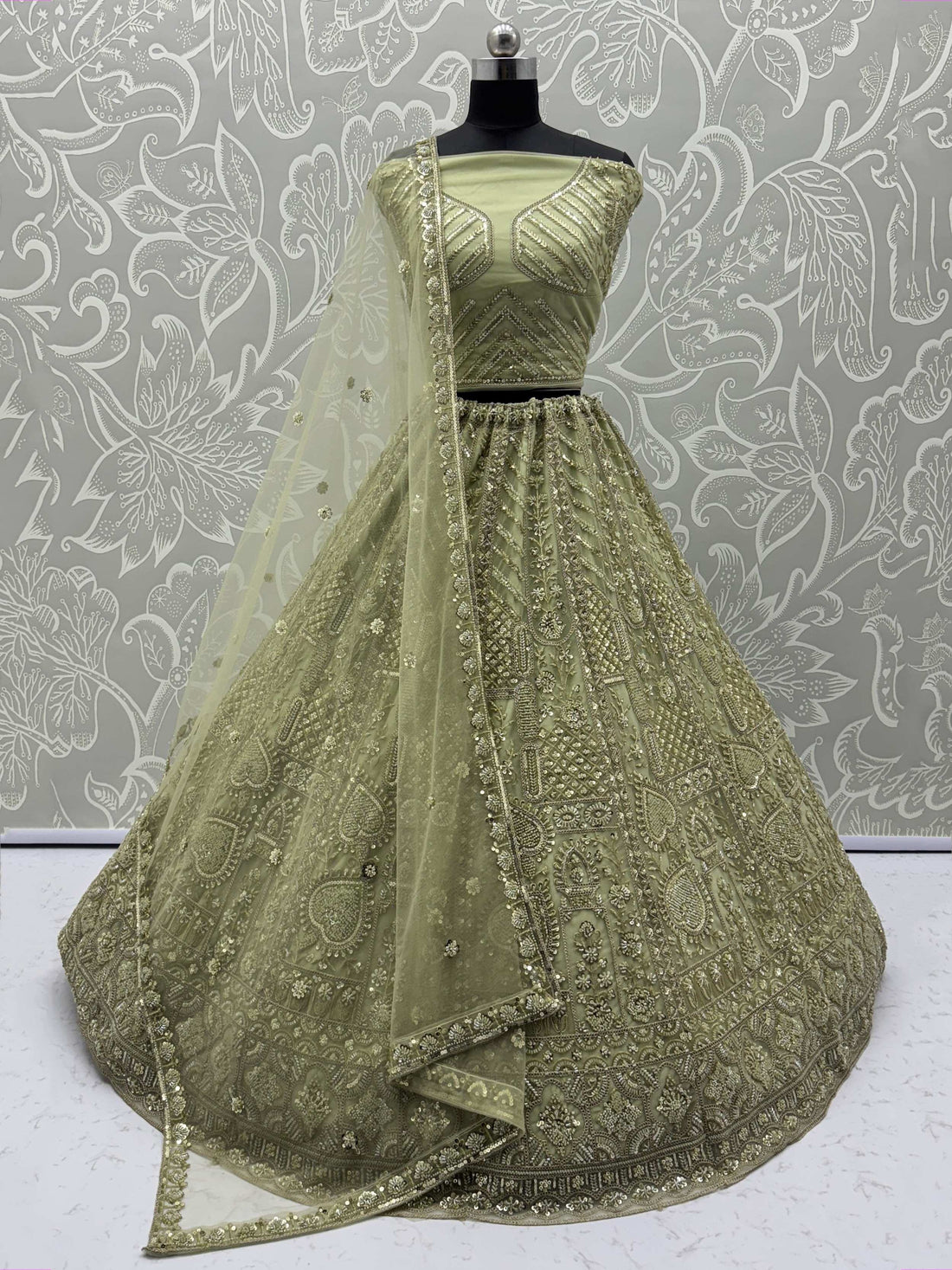 Fabulous Olive Green Heavy Embroidered Net Mehendi Wear Lehenga Choli - Zeel Clothing