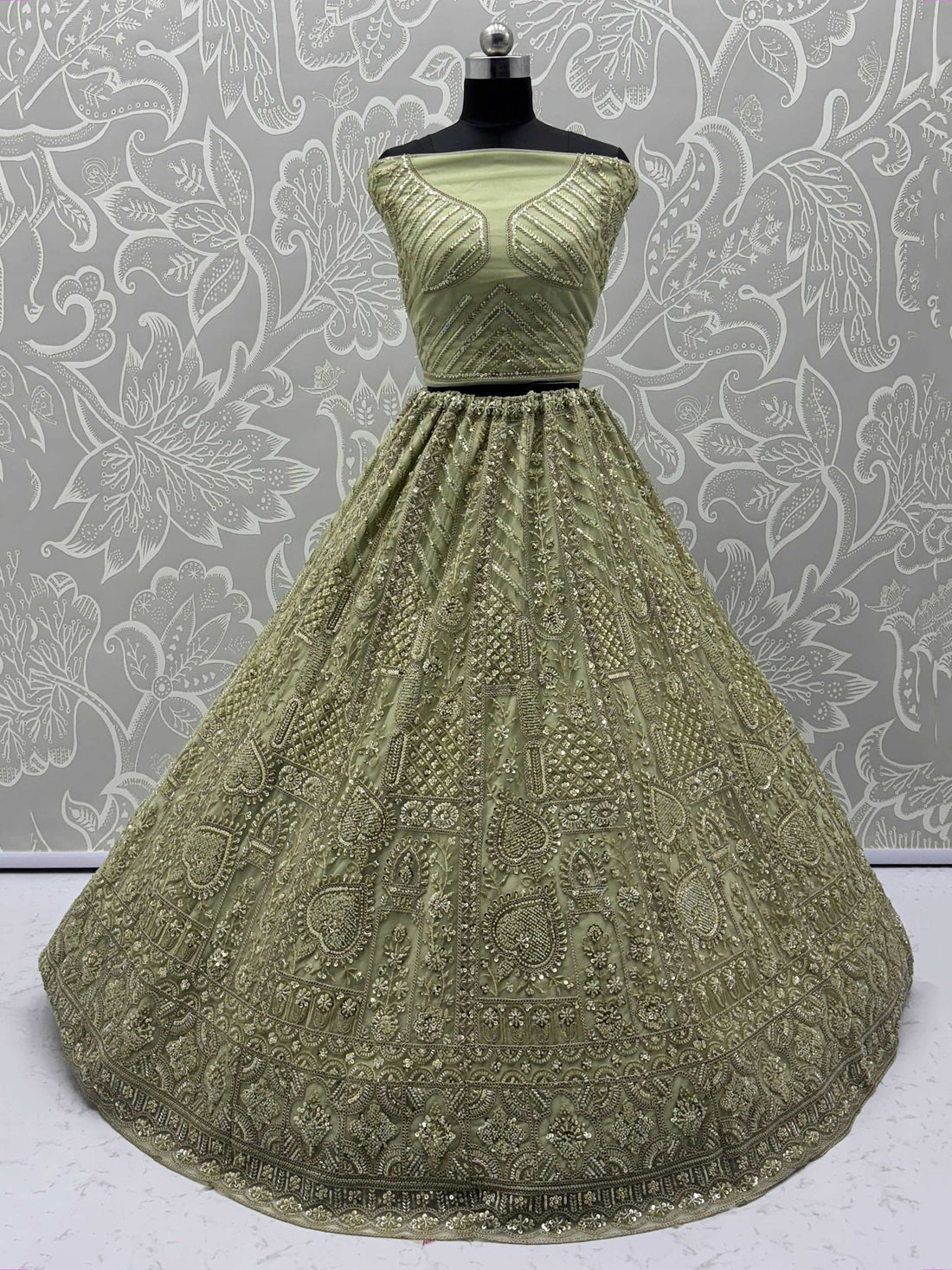 Fabulous Olive Green Heavy Embroidered Net Mehendi Wear Lehenga Choli - Zeel Clothing