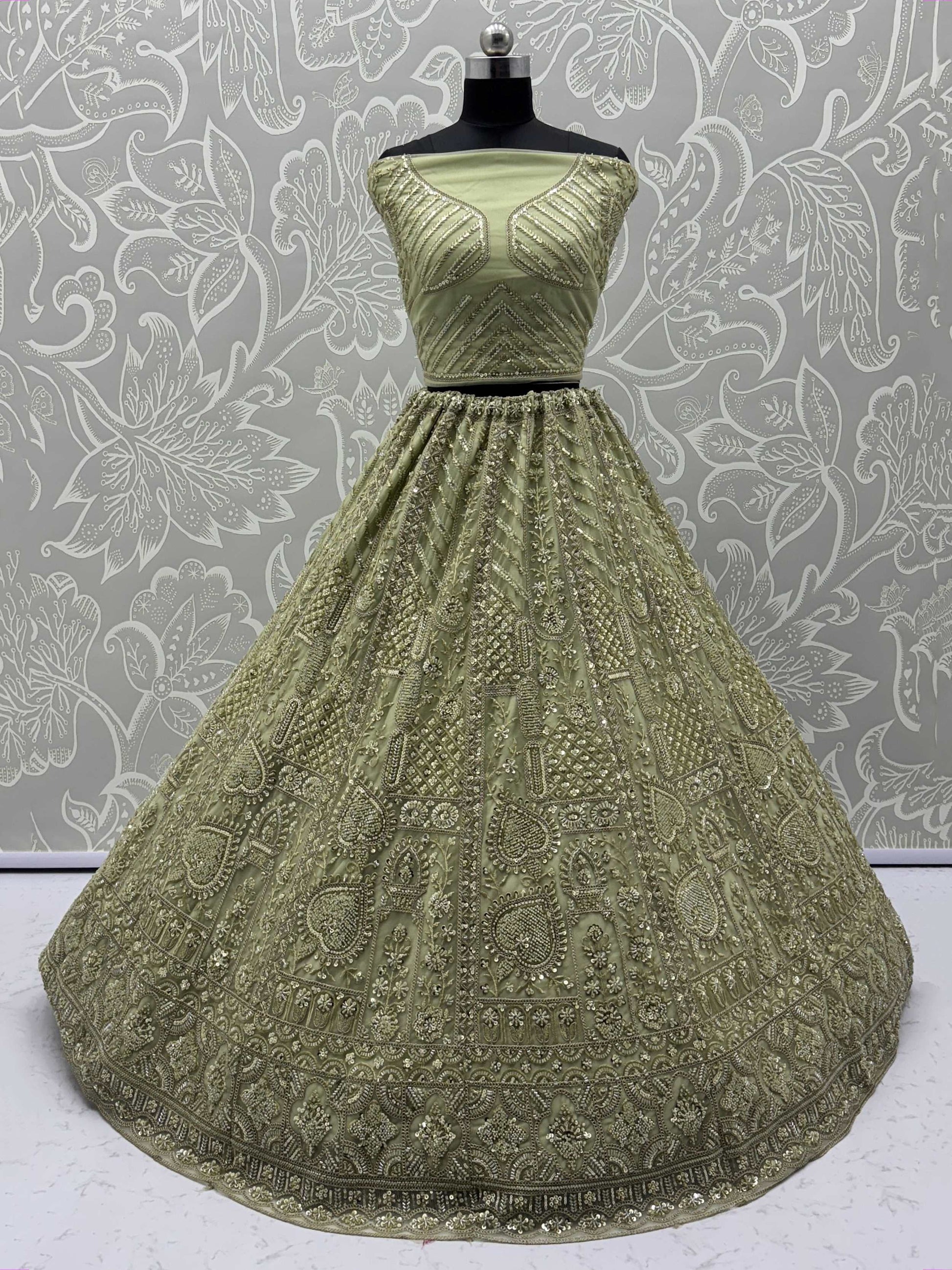 Fabulous Olive Green Heavy Embroidered Net Mehendi Wear Lehenga Choli - Zeel Clothing