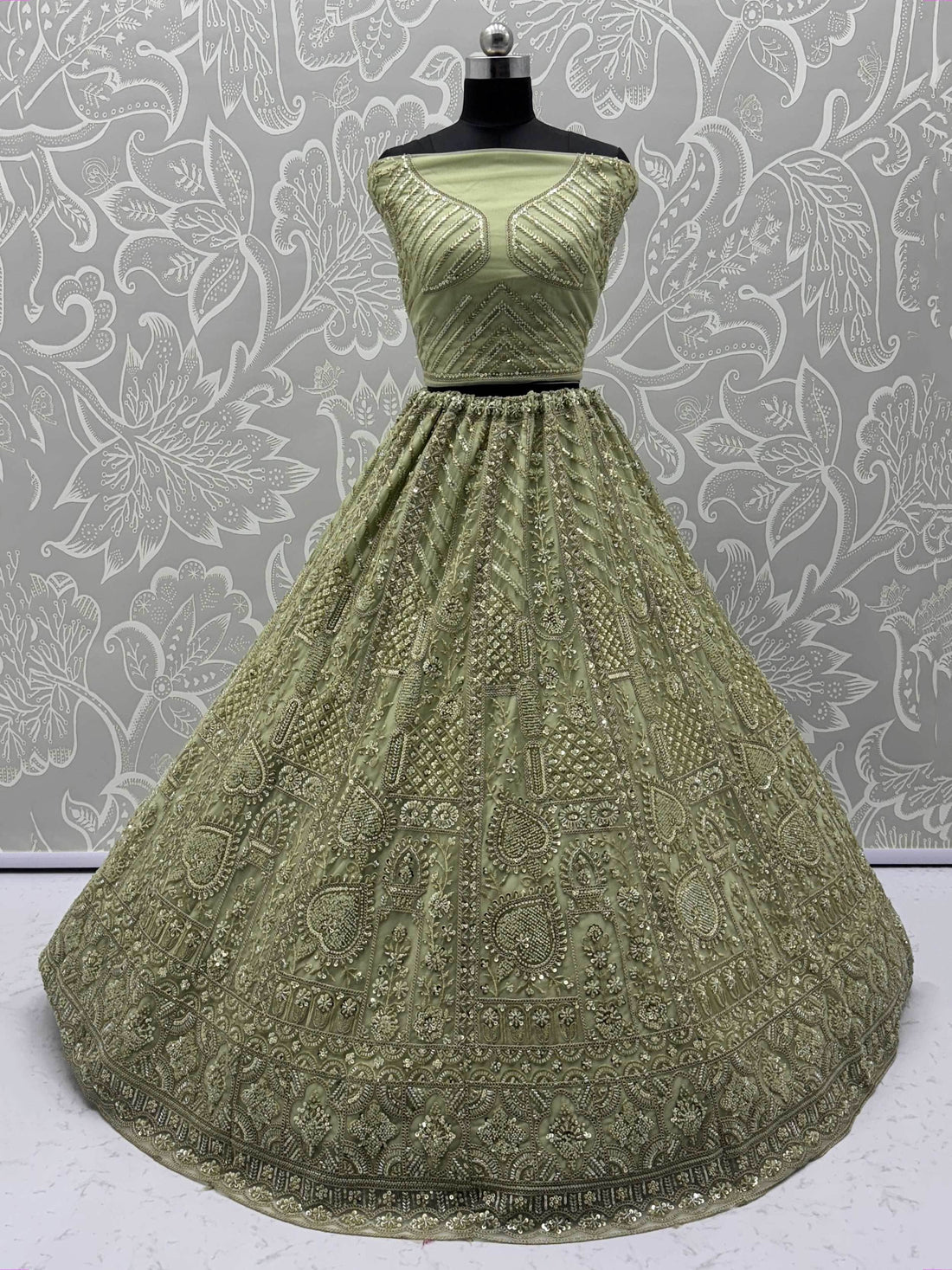 Fabulous Olive Green Heavy Embroidered Net Mehendi Wear Lehenga Choli - Zeel Clothing